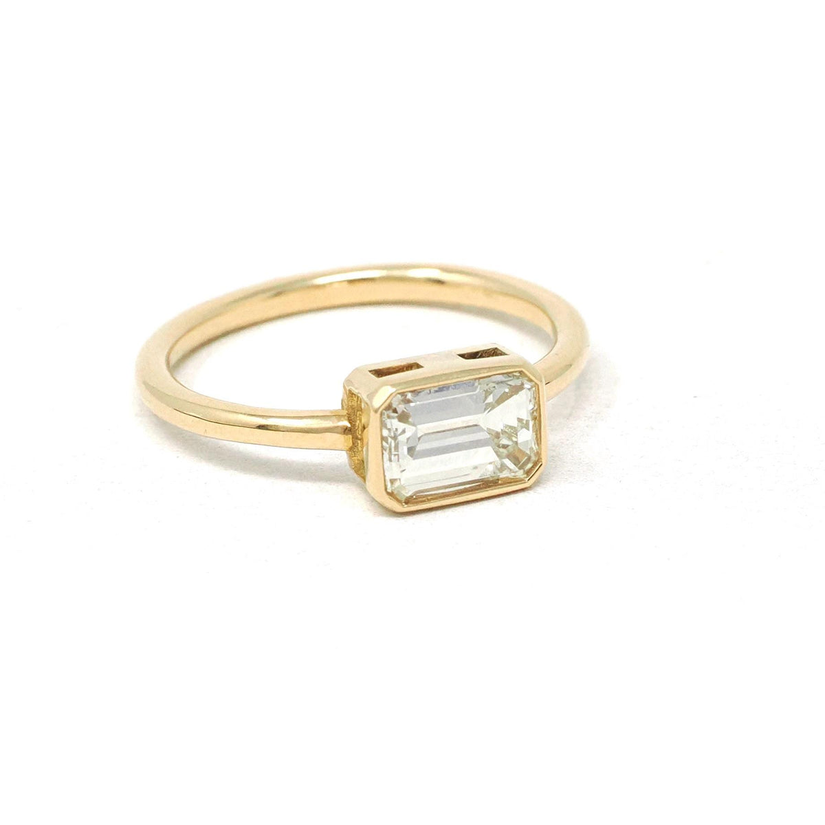 Emerald Cut Diamond Engagement Ring - 18k Yellow Gold Bezel East West Modern Setting - Recycled Vintage Diamond Size 6 Fine Bridal Jewelry