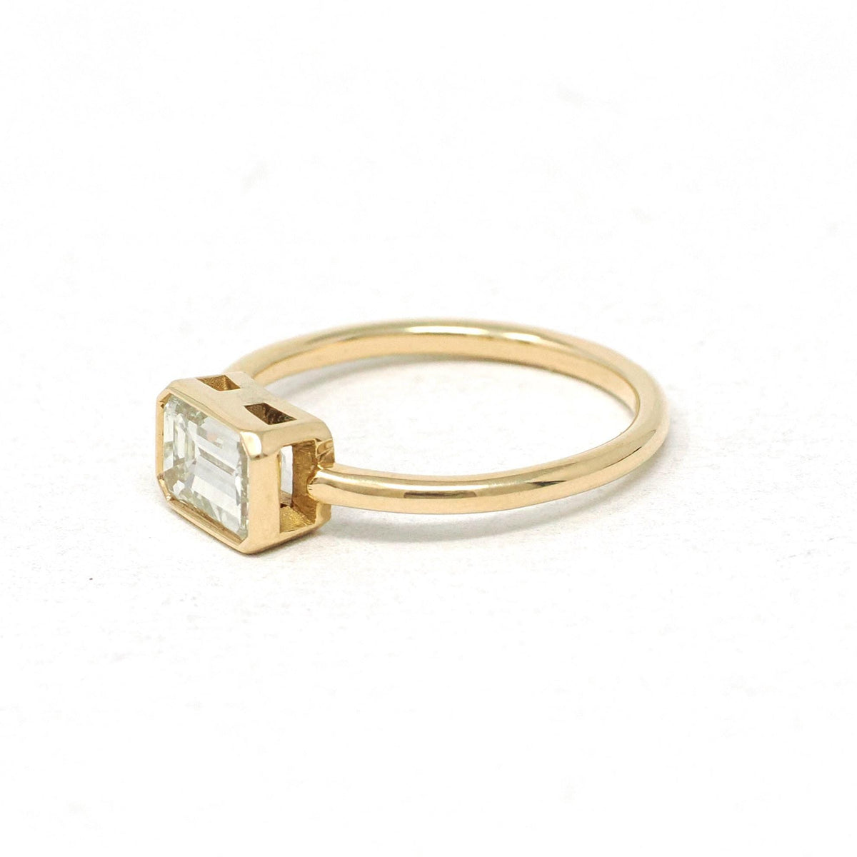 Emerald Cut Diamond Engagement Ring - 18k Yellow Gold Bezel East West Modern Setting - Recycled Vintage Diamond Size 6 Fine Bridal Jewelry