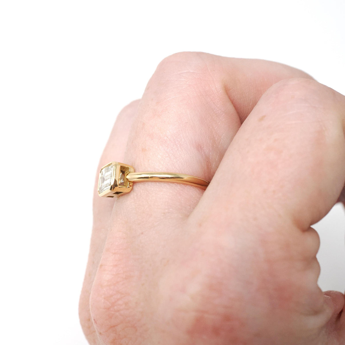 Emerald Cut Diamond Engagement Ring - 18k Yellow Gold Bezel East West Modern Setting - Recycled Vintage Diamond Size 6 Fine Bridal Jewelry