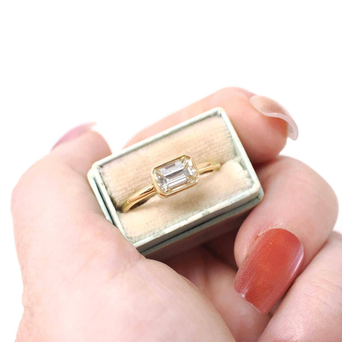 Emerald Cut Diamond Engagement Ring - 18k Yellow Gold Bezel East West Modern Setting - Recycled Vintage Diamond Size 6 Fine Bridal Jewelry