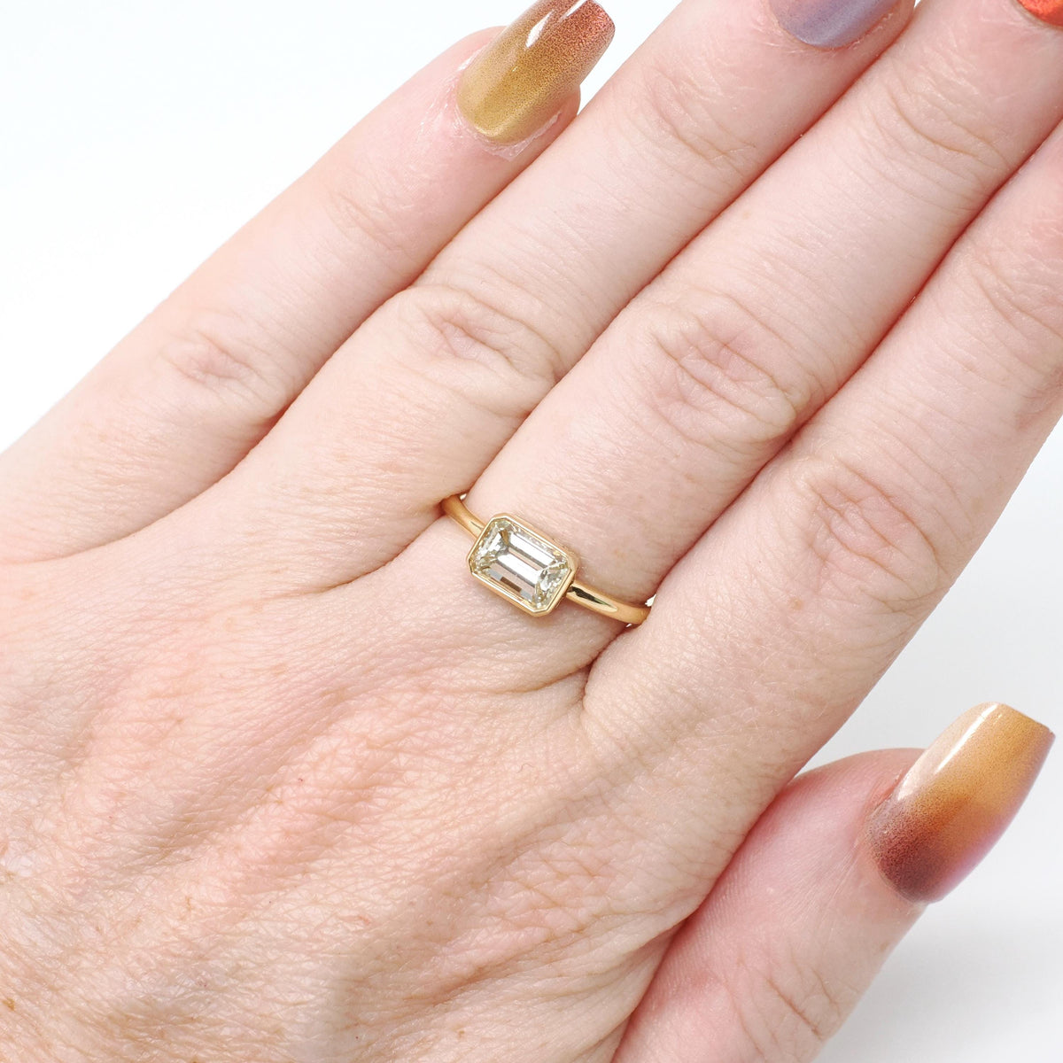 Emerald Cut Diamond Engagement Ring - 18k Yellow Gold Bezel East West Modern Setting - Recycled Vintage Diamond Size 6 Fine Bridal Jewelry