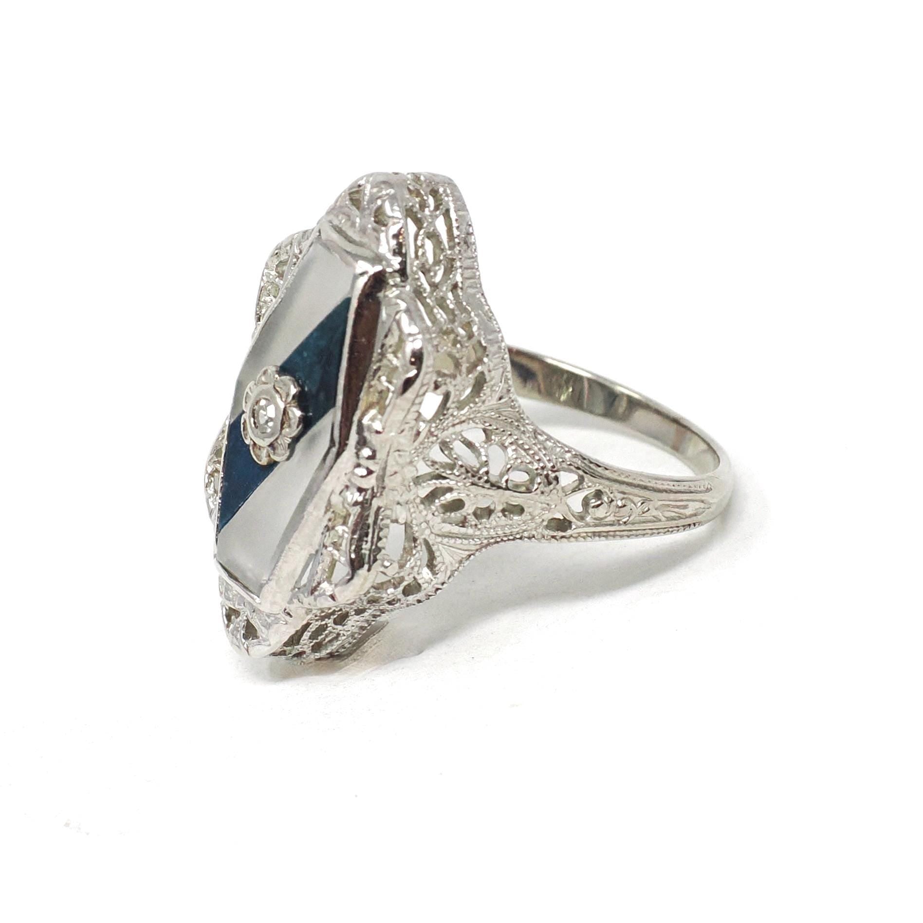 Rock Crystal Quartz Ring - Art Deco 14k White Gold Natural Diamond Gemstone - Vintage Circa 1930 Size 6 Filigree Ostby Barton Fine Jewelry