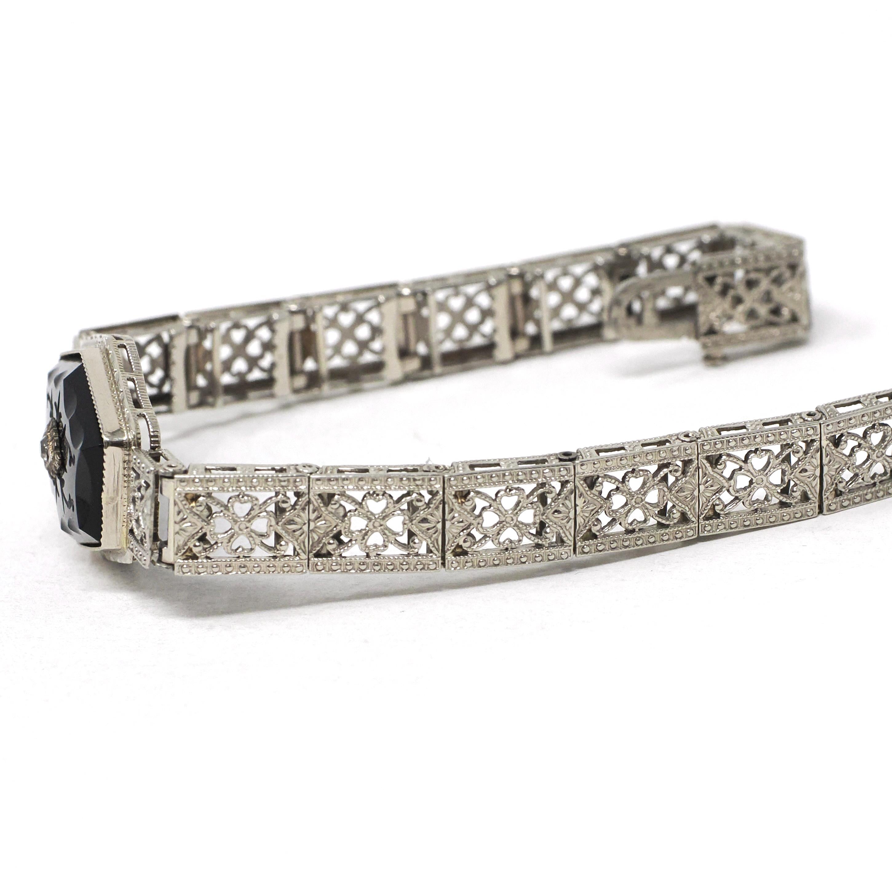 Art Deco Onyx Bracelet - Antique 10k White Gold Filigree Carved Black Chalcedony Natural Diamond Statement - Vintage Circa 1920s Era Jewelry