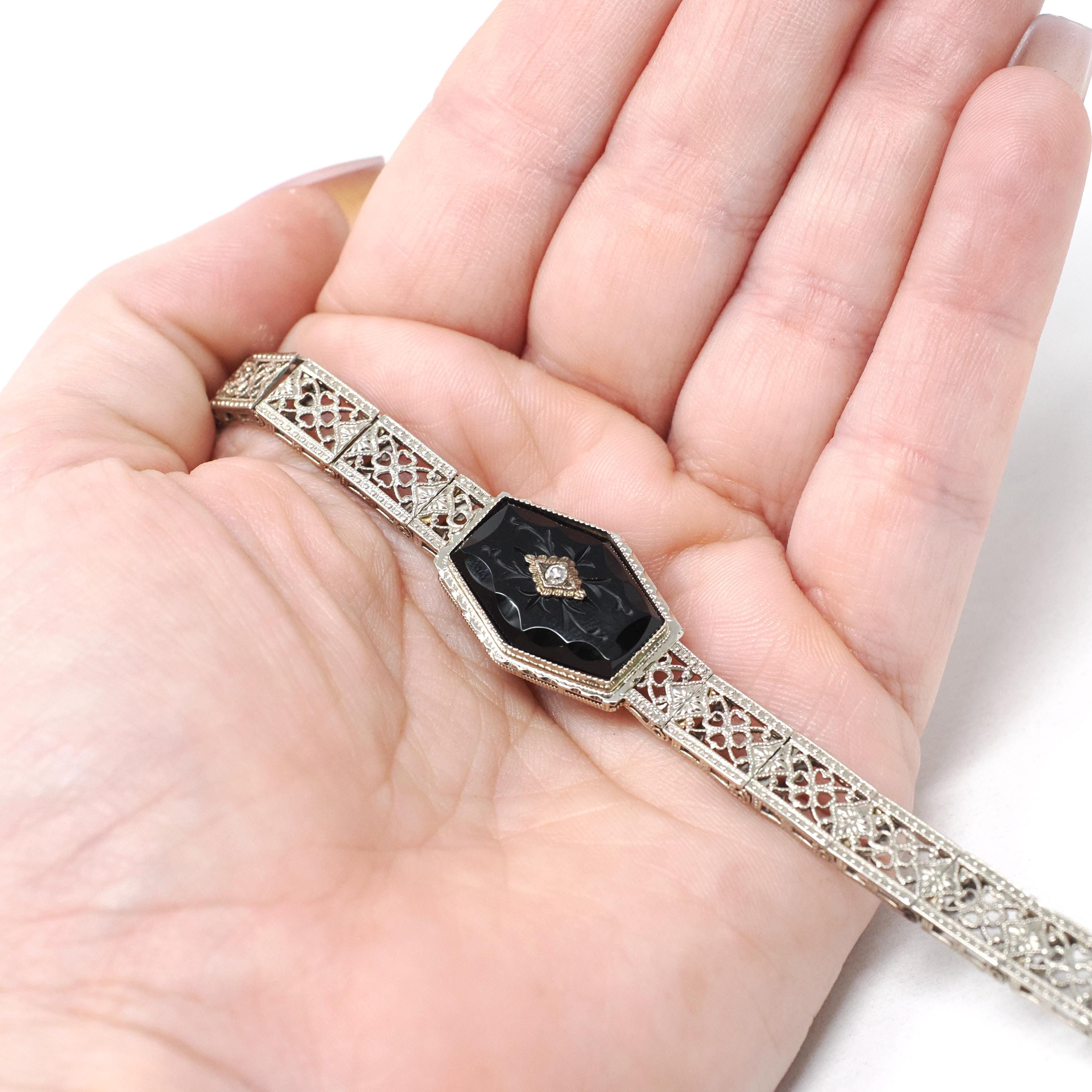 Art Deco Onyx Bracelet - Antique 10k White Gold Filigree Carved Black Chalcedony Natural Diamond Statement - Vintage Circa 1920s Era Jewelry