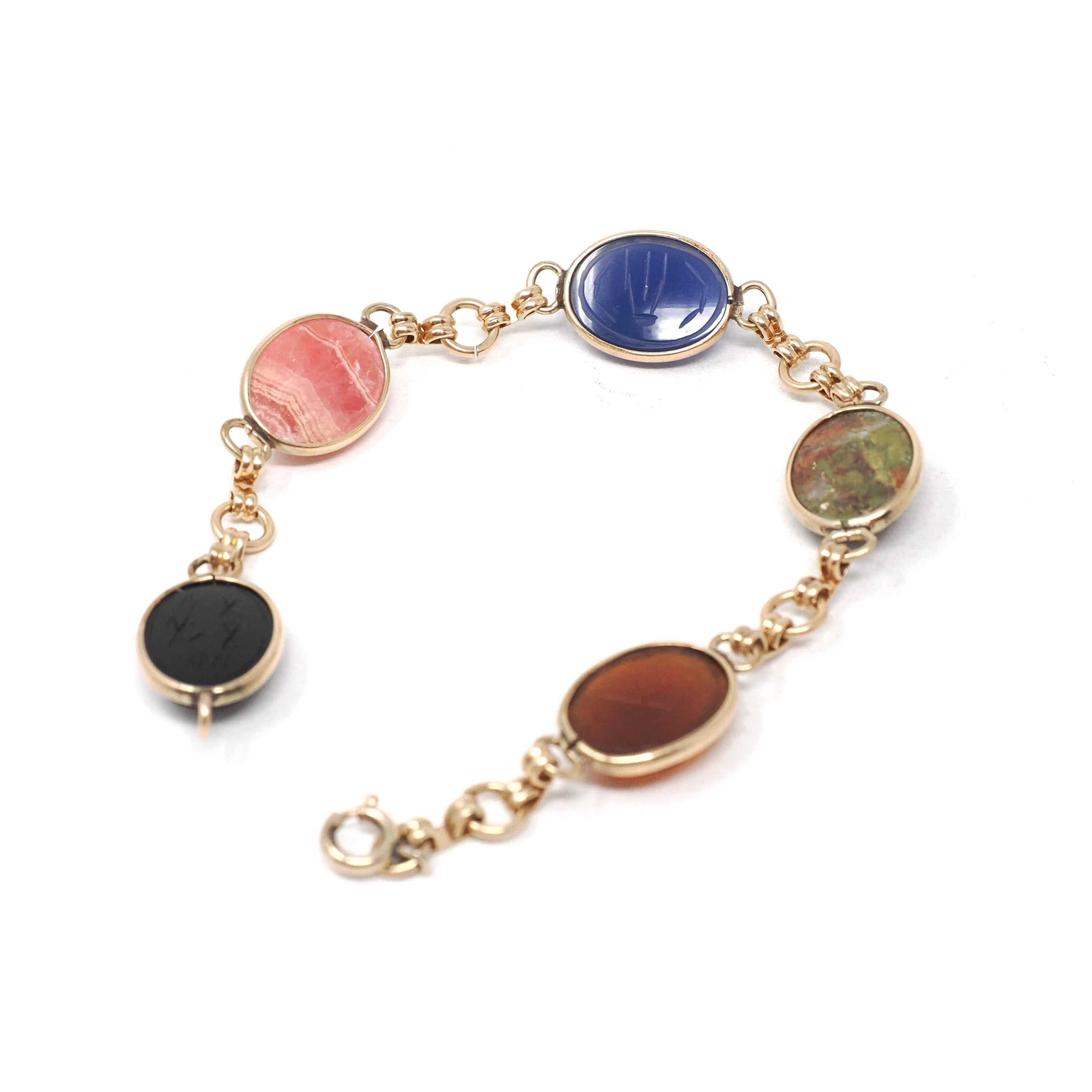 Vintage Scarab Bracelet - Retro Gold Filled Carved Natural Gemstones - Circa 1960s Era Egyptian Revival Style Symbolic Panel Linked Jewelry