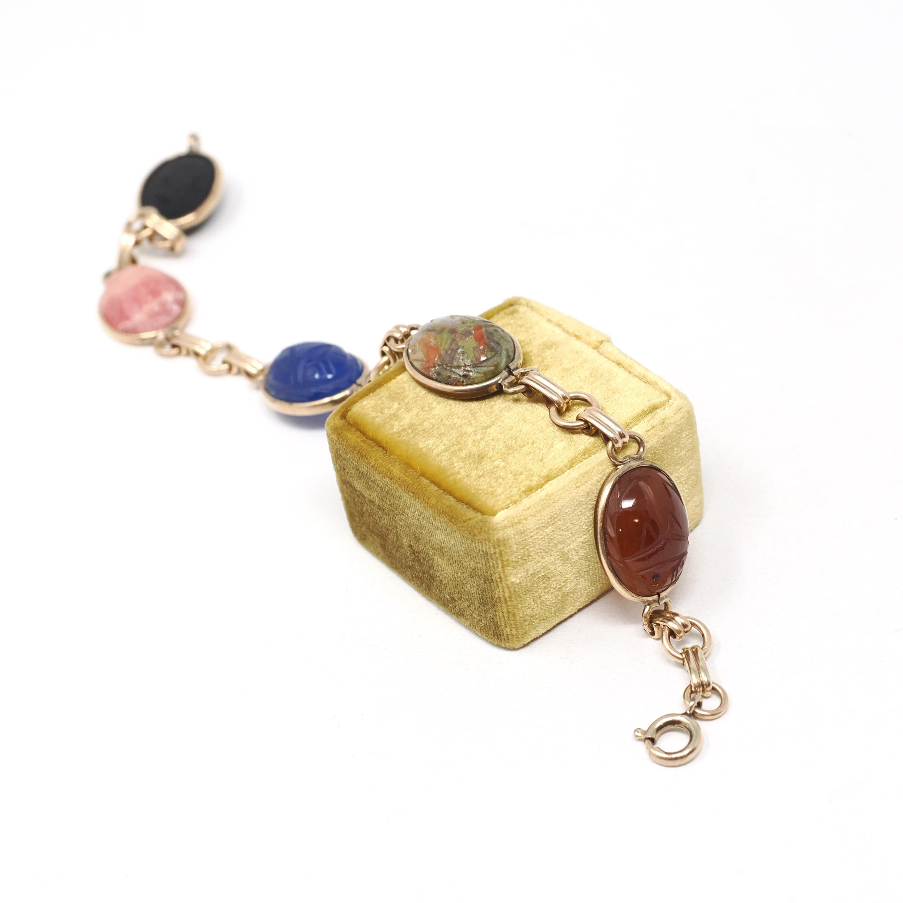 Vintage Scarab Bracelet - Retro Gold Filled Carved Natural Gemstones - Circa 1960s Era Egyptian Revival Style Symbolic Panel Linked Jewelry