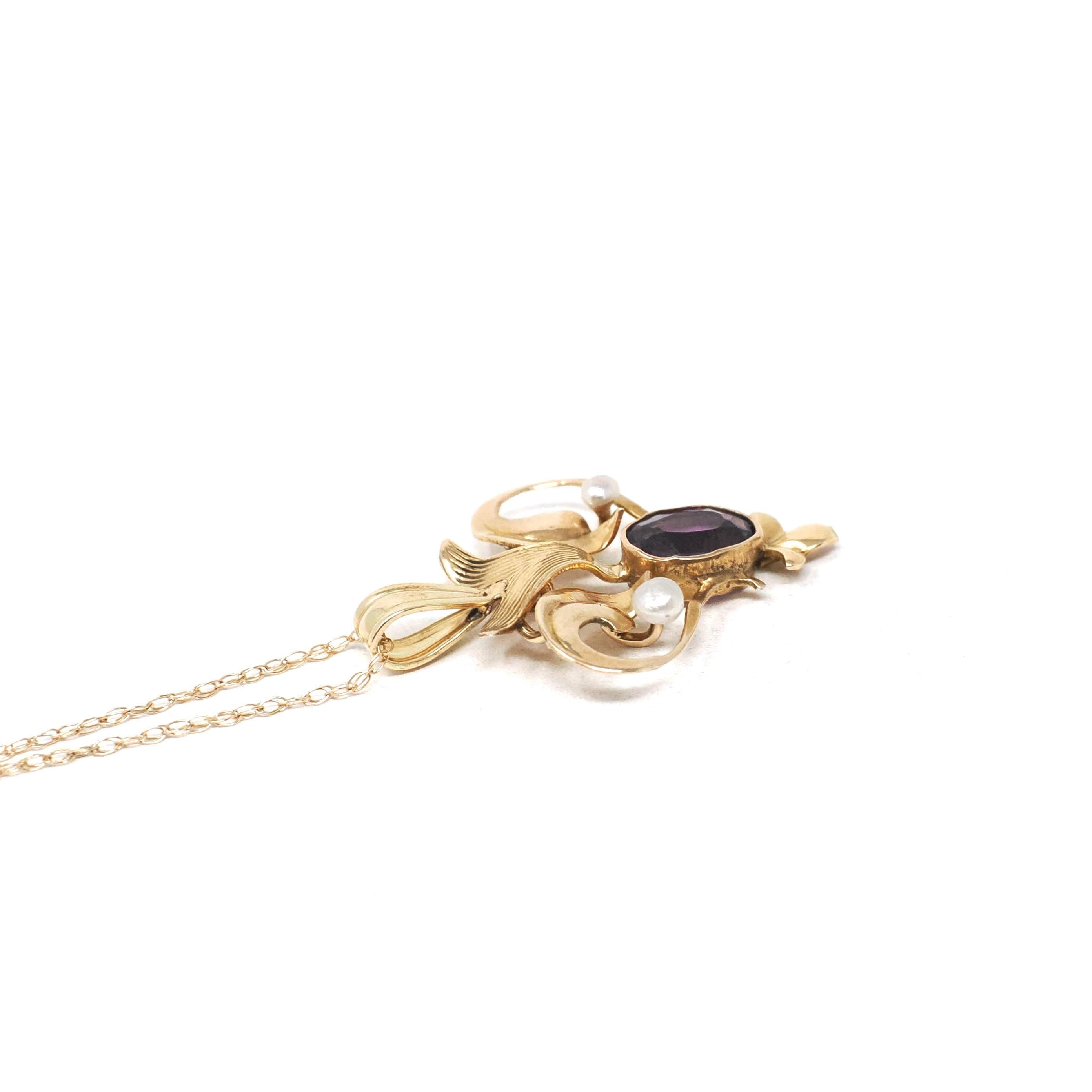 Antique Lavalier Necklace - Edwardian 10k Yellow Gold Natural Amethyst Seed Pearl Pendant - Art Nouveau Circa 1900s Era Dainty Fine Jewelry