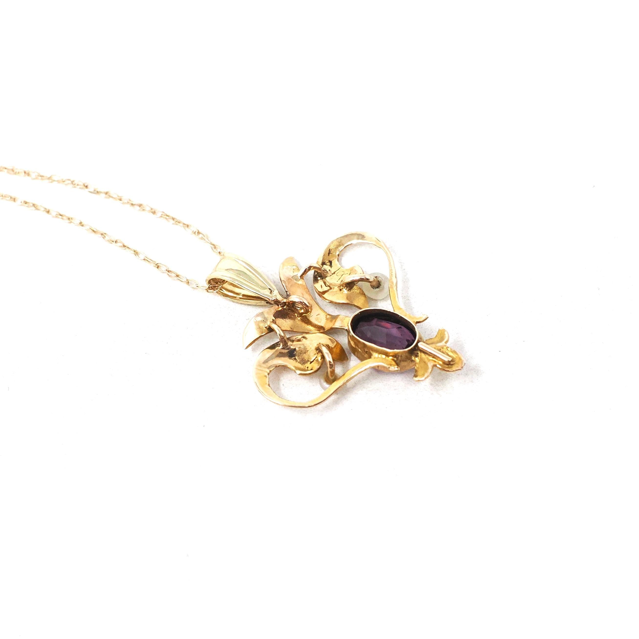 Antique Lavalier Necklace - Edwardian 10k Yellow Gold Natural Amethyst Seed Pearl Pendant - Art Nouveau Circa 1900s Era Dainty Fine Jewelry