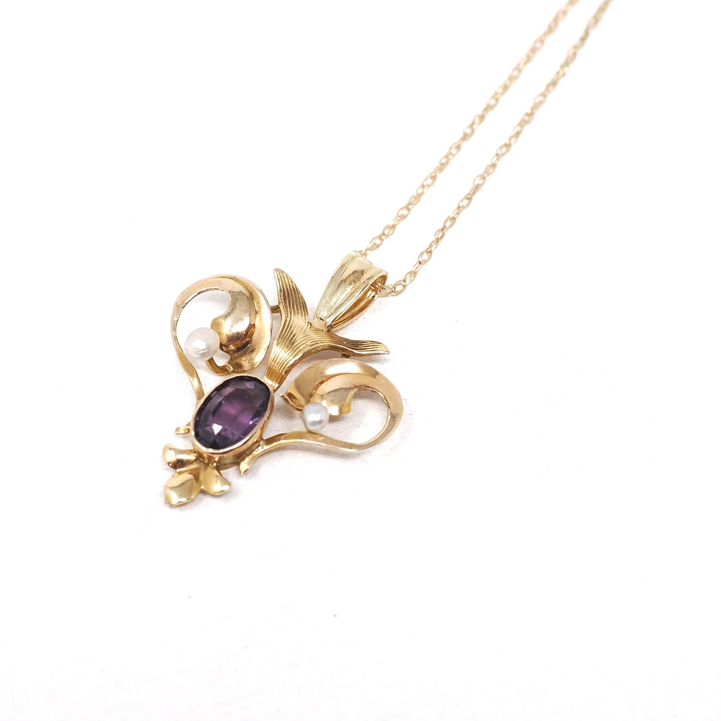 Antique Lavalier Necklace - Edwardian 10k Yellow Gold Natural Amethyst Seed Pearl Pendant - Art Nouveau Circa 1900s Era Dainty Fine Jewelry