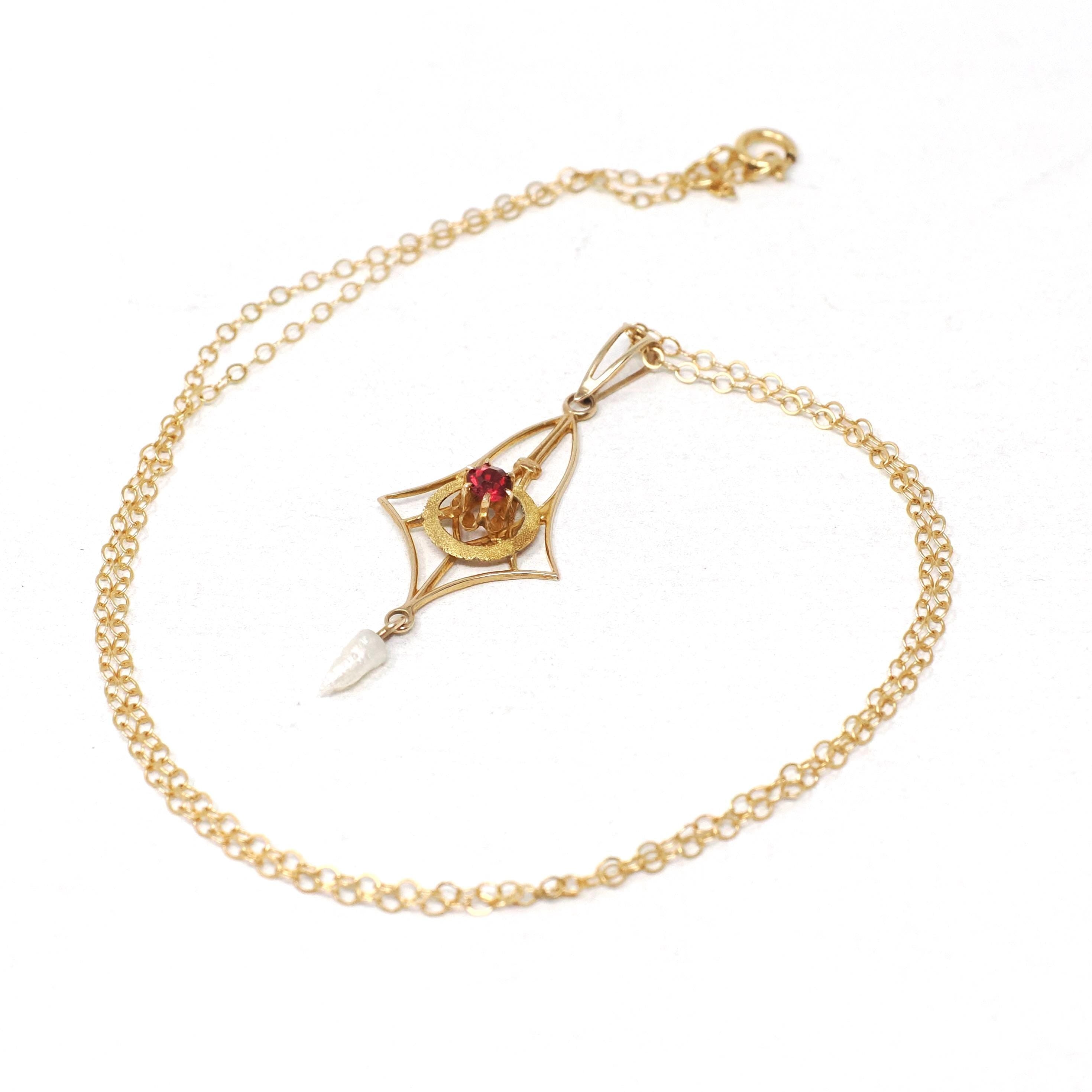 Antique Lavalier Necklace - Edwardian 10k Yellow Gold Red Glass & Cultured Pearl Pendant - Vintage Circa 1910s Era Dainty Fine Jewelry