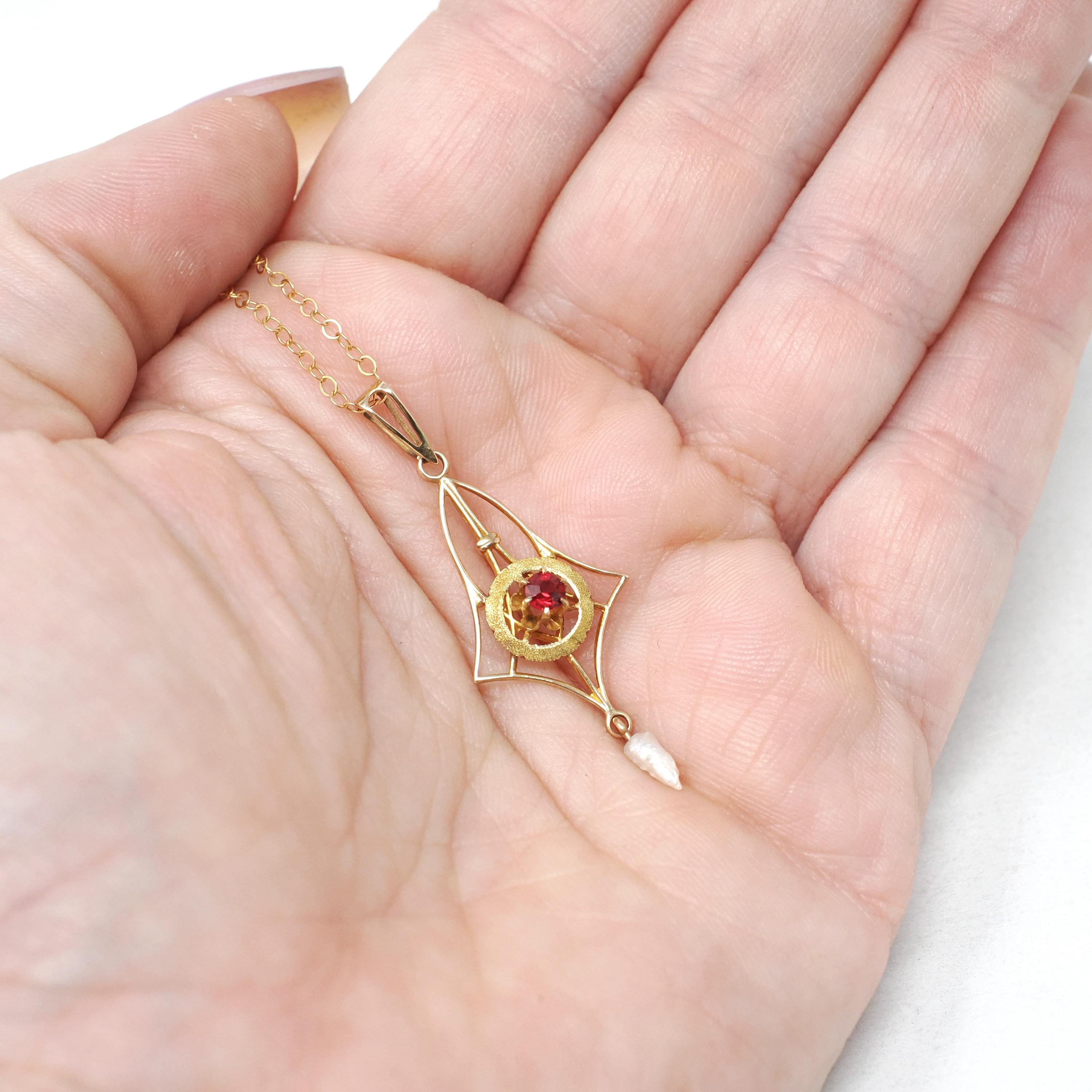 Antique Lavalier Necklace - Edwardian 10k Yellow Gold Red Glass & Cultured Pearl Pendant - Vintage Circa 1910s Era Dainty Fine Jewelry