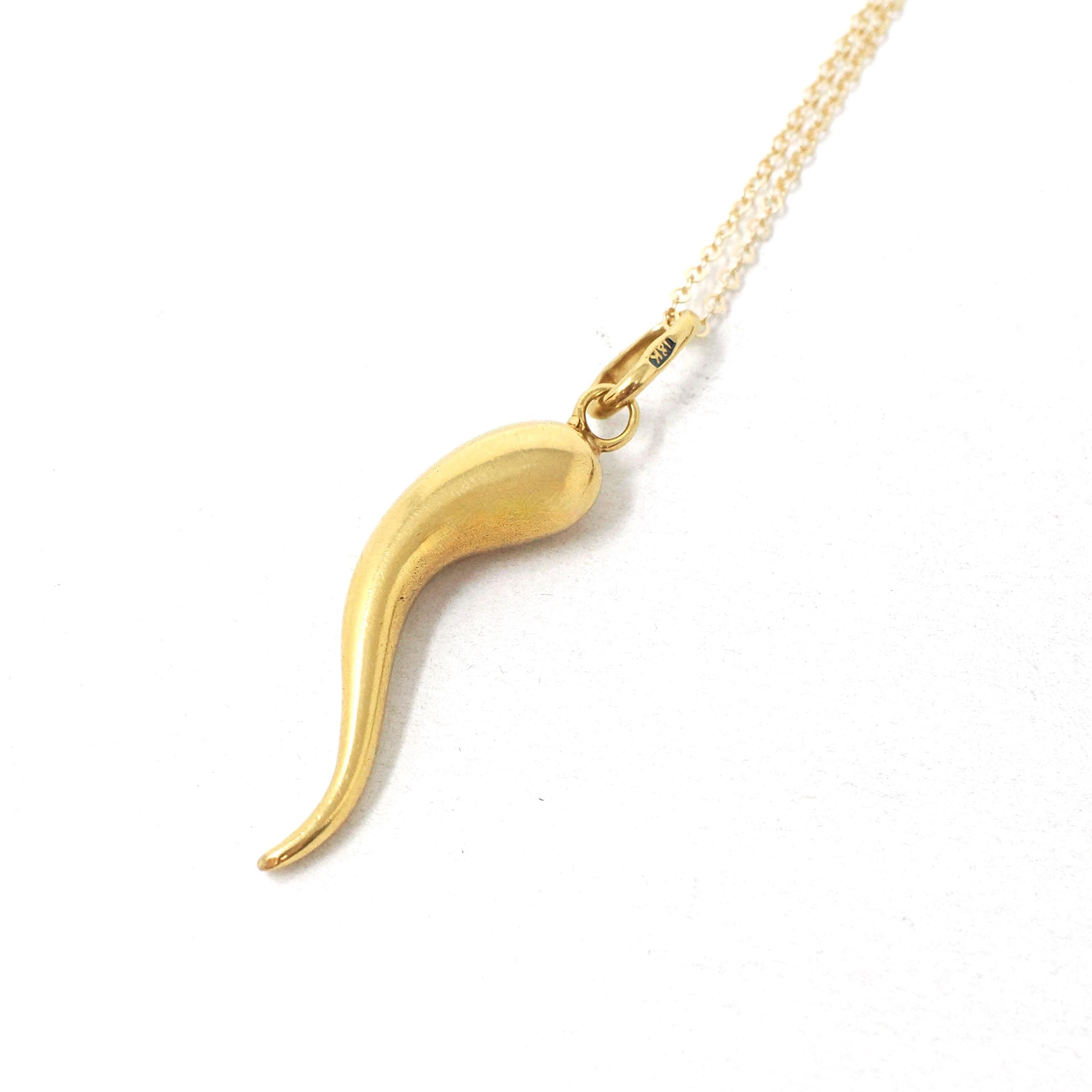 Italian Horn Charm - Retro 18k Yellow Gold Italy Cornicello Good Luck Pendant Necklace - Vintage Circa 1970s Ward Off Evil Amulet Jewelry