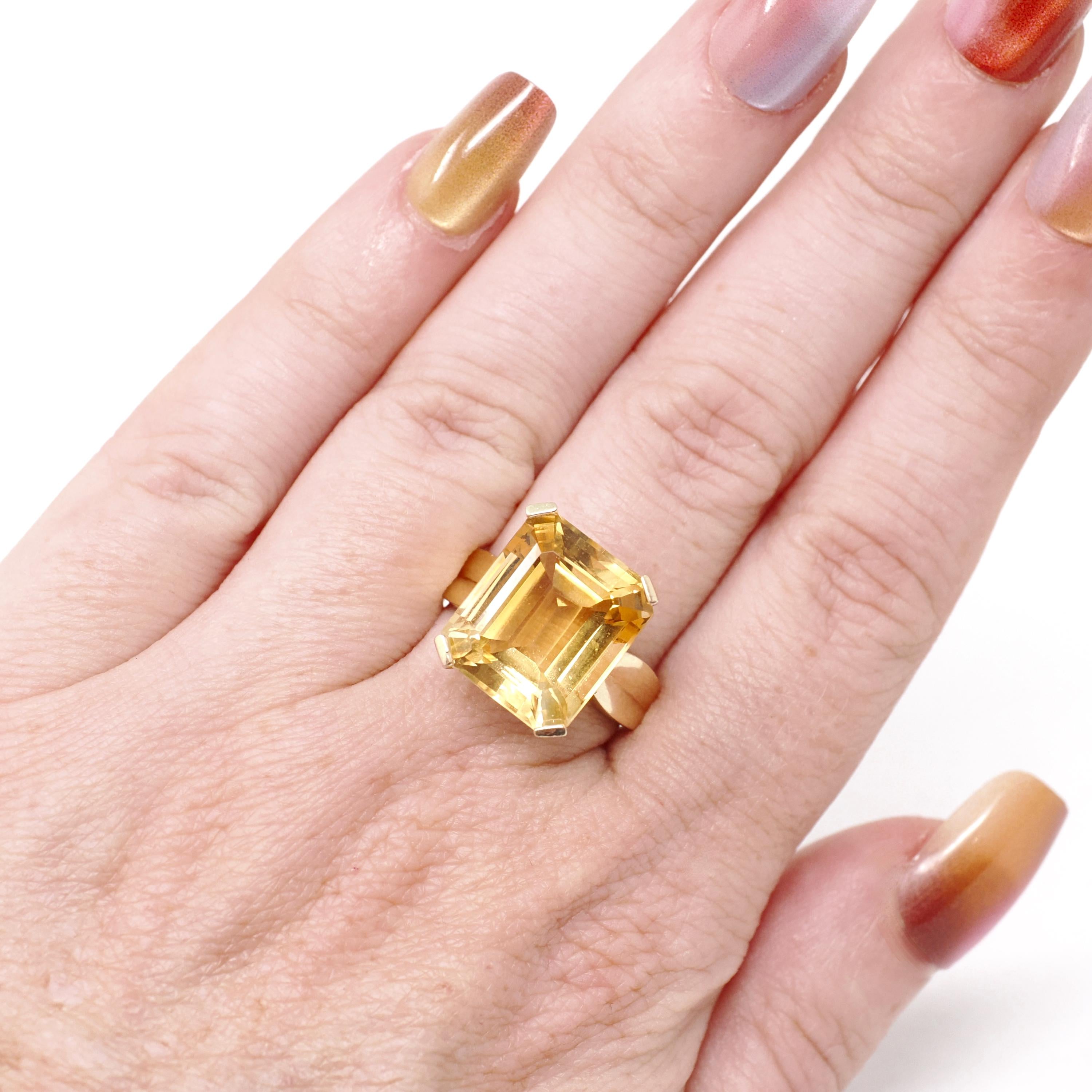 Modern Citrine Ring - Estate 10k Yellow Gold Emerald Cut 9.14 CT Gem - Circa 2000s Era Size 6 November Birthstone Fine Statement Jewelry