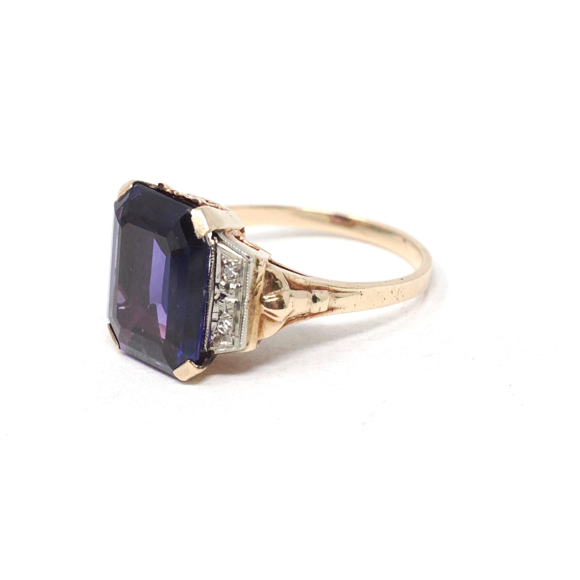 Created Color Change Sapphire Ring - Mid Century 10k Yellow & White Gold Natural Purple Gemstone - Vintage 1940s Era Size 6 Fine 40s Jewelry