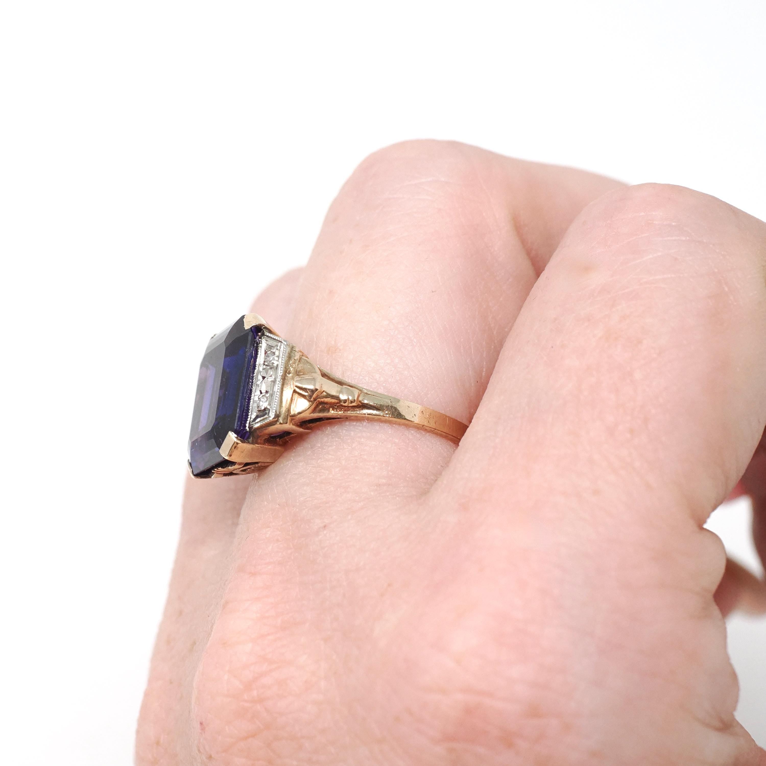 Created Color Change Sapphire Ring - Mid Century 10k Yellow & White Gold Natural Purple Gemstone - Vintage 1940s Era Size 6 Fine 40s Jewelry