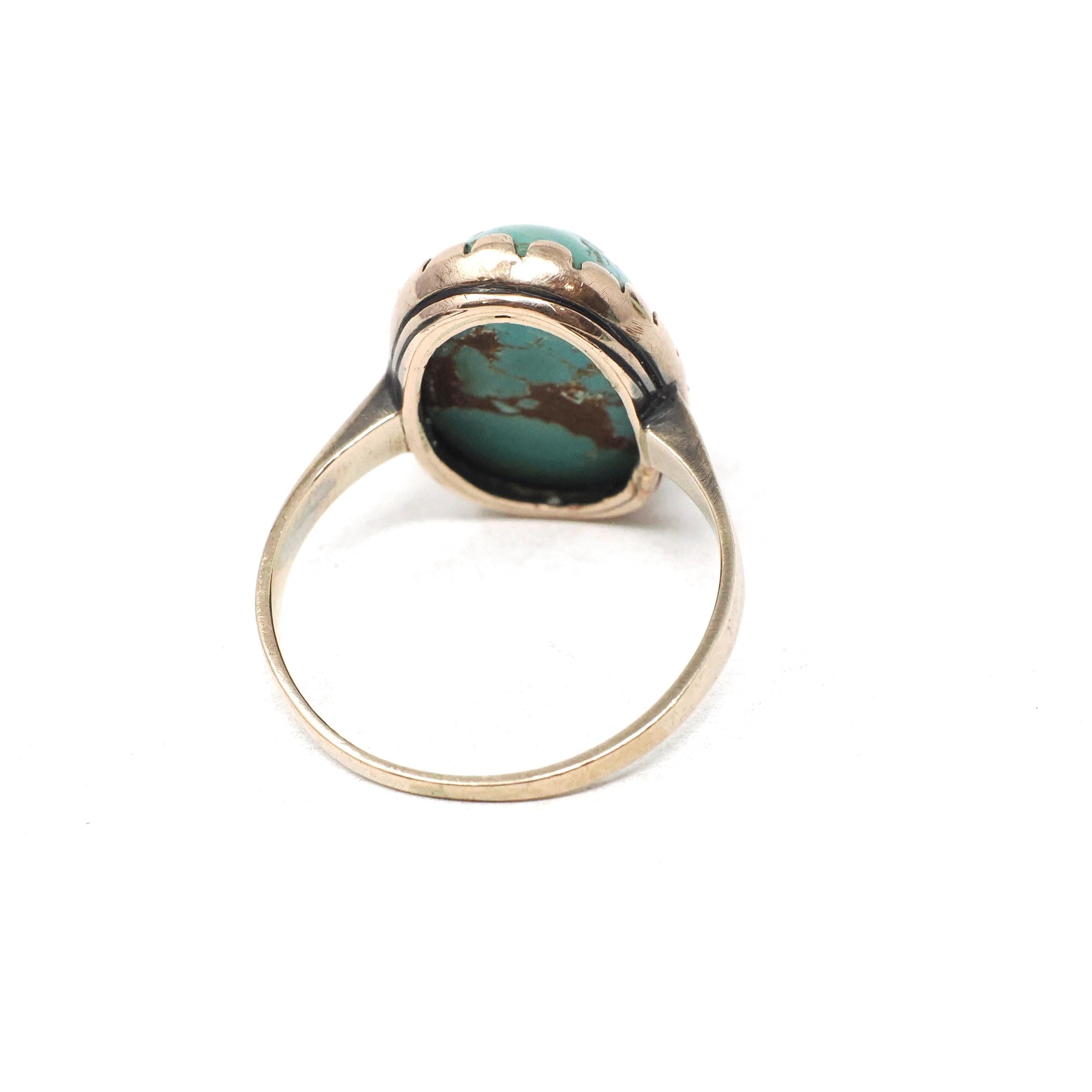 Vintage Turquoise Ring - Mid Century 10k Yellow Gold Oval Cabochon Blue Natural Gemstone - Circa 1960s Era Size 6 1/2 Statement Fine Jewelry