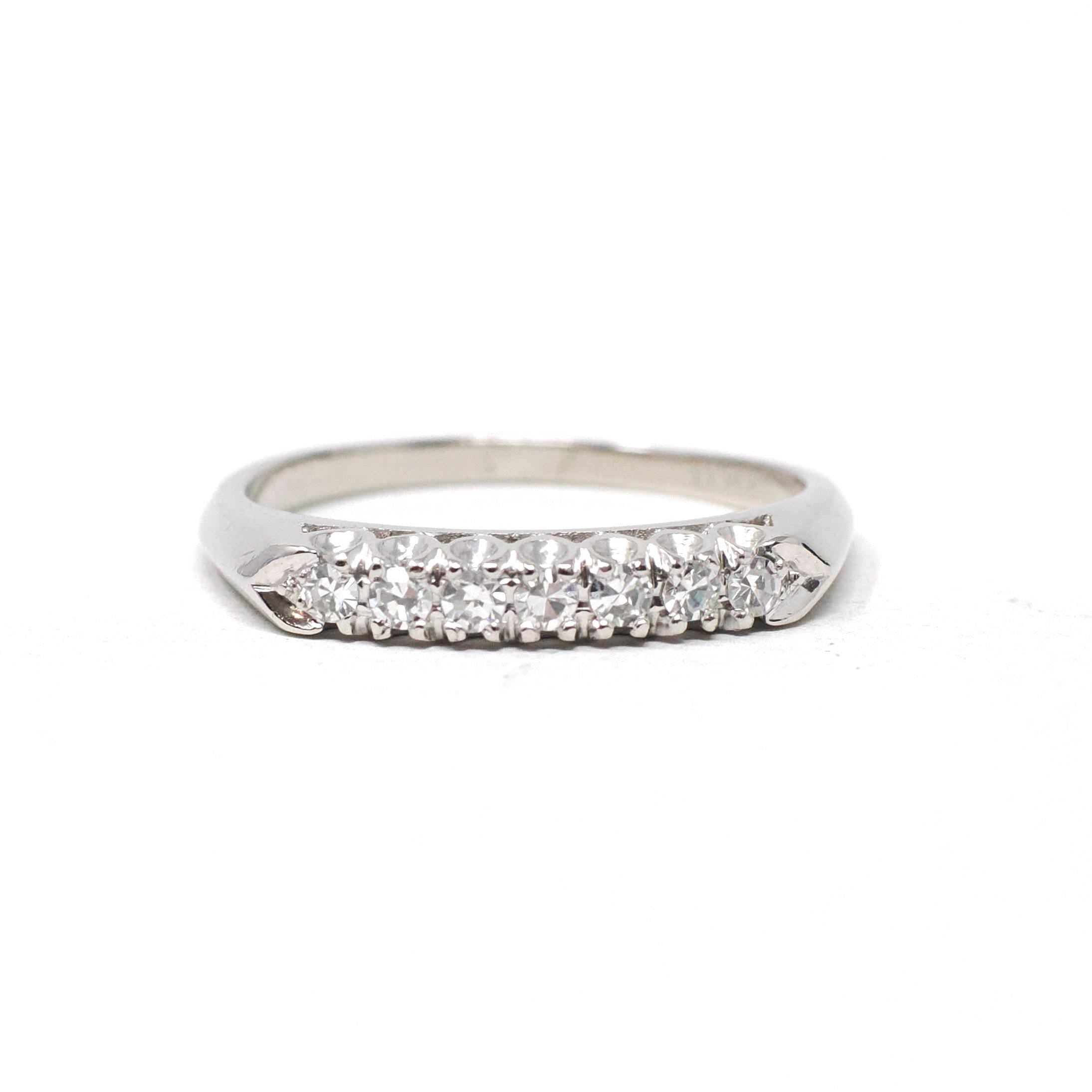 Vintage Diamond Band - Mid Century Platinum Natural .14 CTW Prong Wedding Ring - Circa 1950s Era Size 7 Paired Bridal Stacking Fine Jewelry