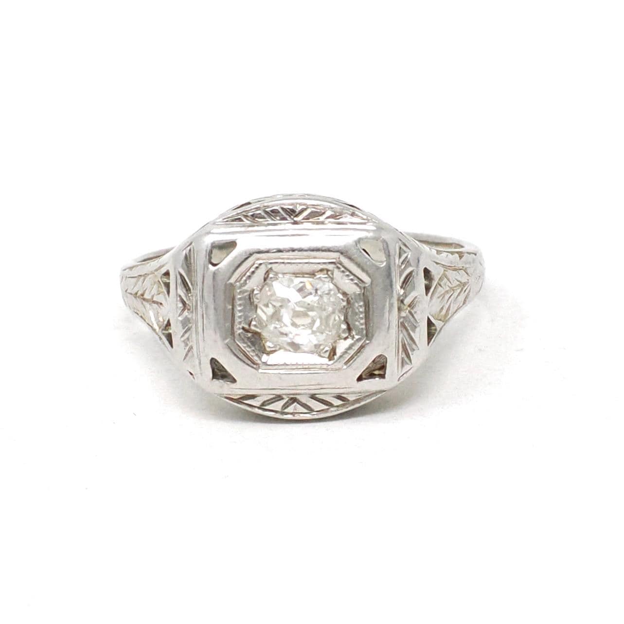 Old Mine Cut Diamond Ring - Art Deco Era 14k White Gold .20 CT Natural Gem - Vintage Circa 1930s Size 3.5 Engraved Fine Bridal Jewelry