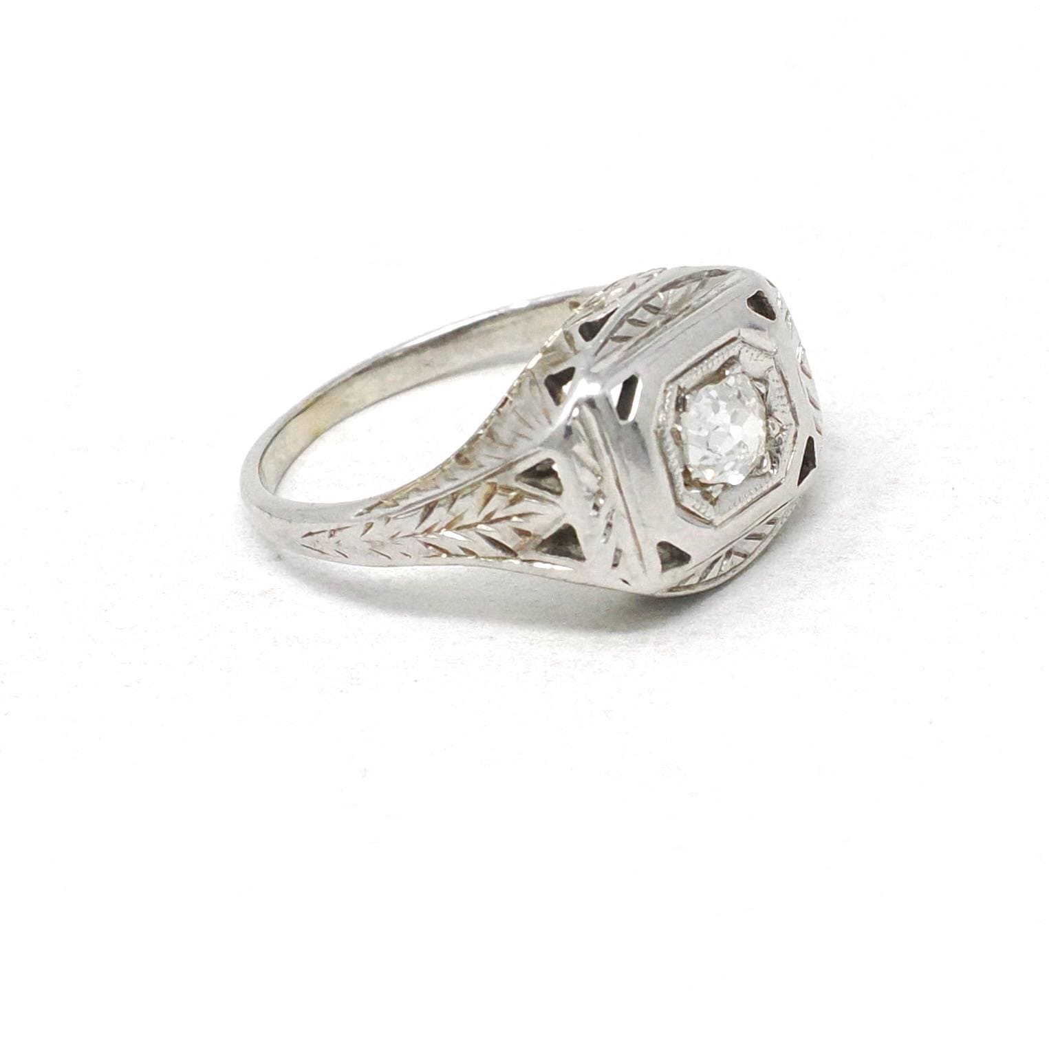 Old Mine Cut Diamond Ring - Art Deco Era 14k White Gold .20 CT Natural Gem - Vintage Circa 1930s Size 3.5 Engraved Fine Bridal Jewelry