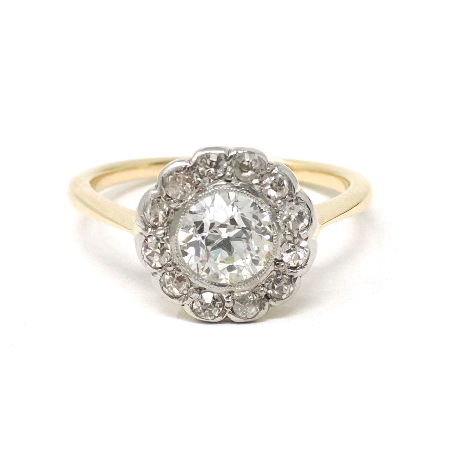 Antique Diamond Flower Ring - Edwardian Era 18k Yellow Gold Platinum 1.07 CTW Natural Gems - Circa 1910s Size 6.5 Two Tone Halo Fine Jewelry