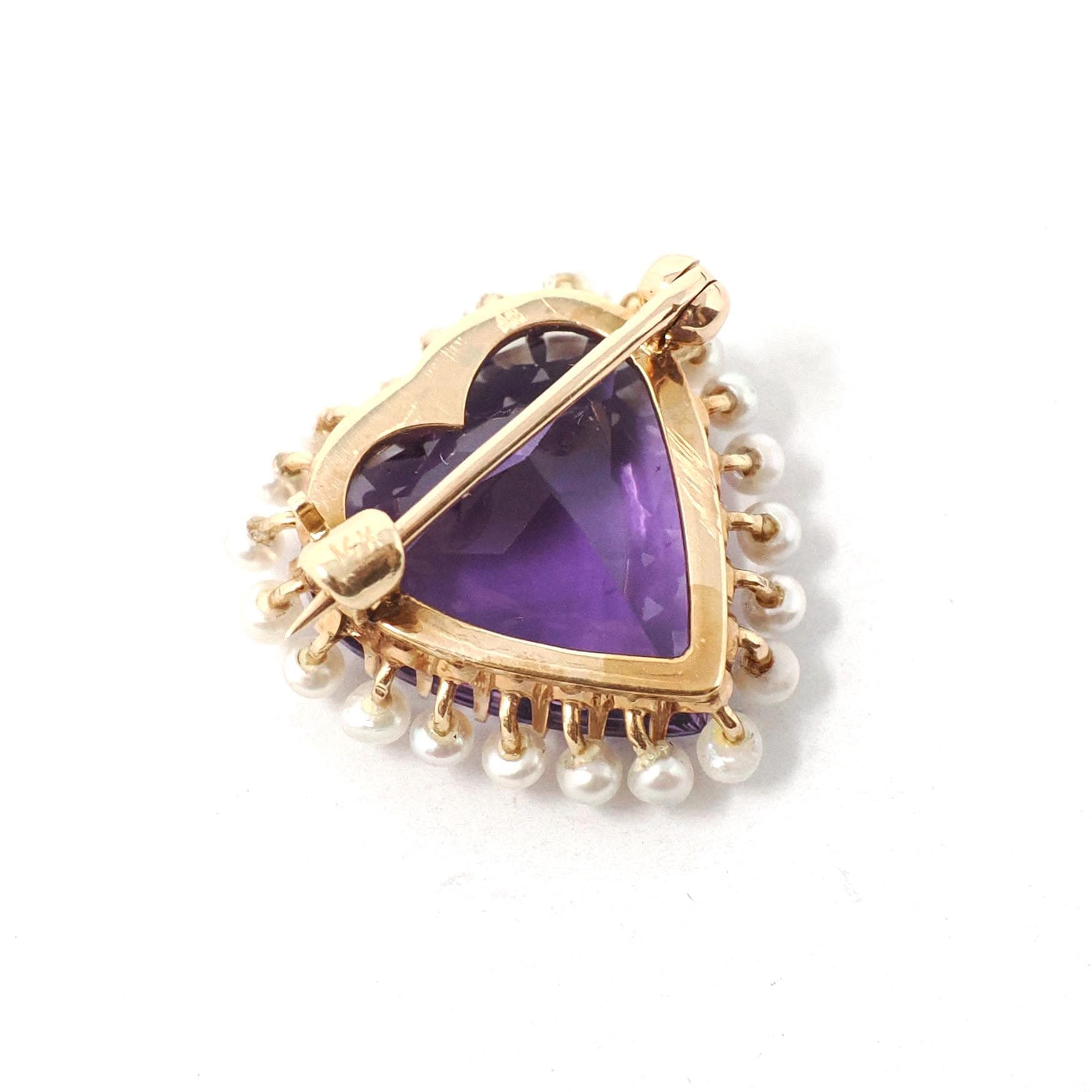Vintage Heart Brooch - Mid Century 14k Yellow Gold Purple Amethyst & Seed Pearl Halo Pin - Circa 1940s February June Birthstone Fine Jewelry