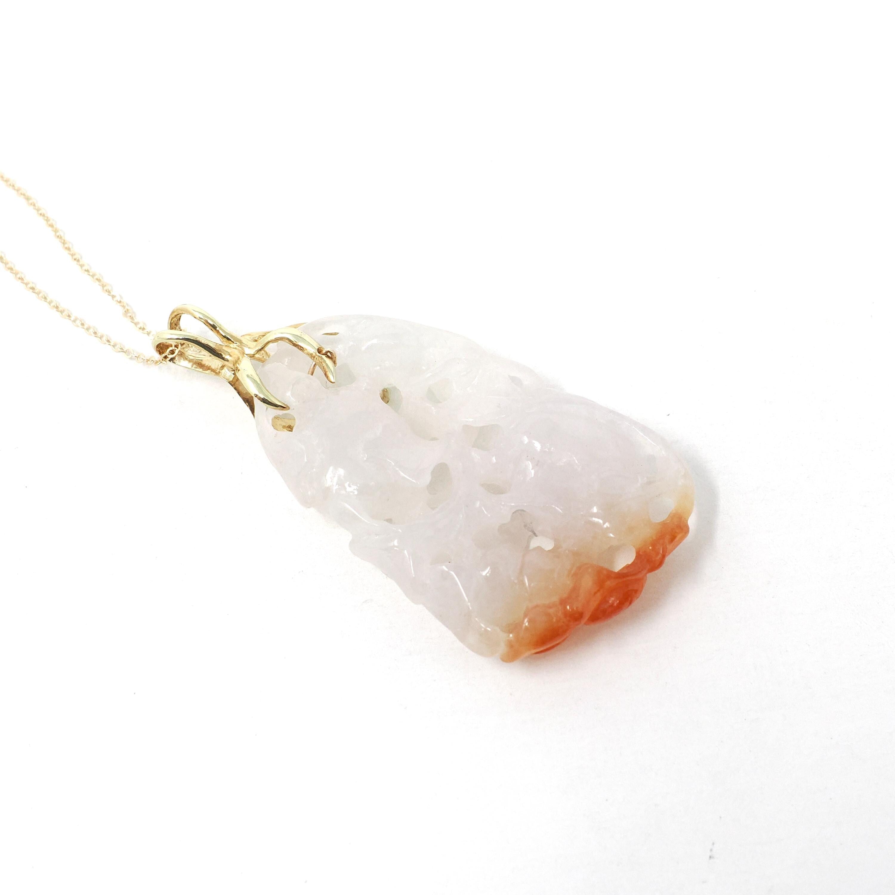 Carved Jadeite Pendant - Estate 14k Yellow Gold Orange & White Gemstone - Circa 2000s Fine Nature Inspired Leafy Branch Statement Jewelry