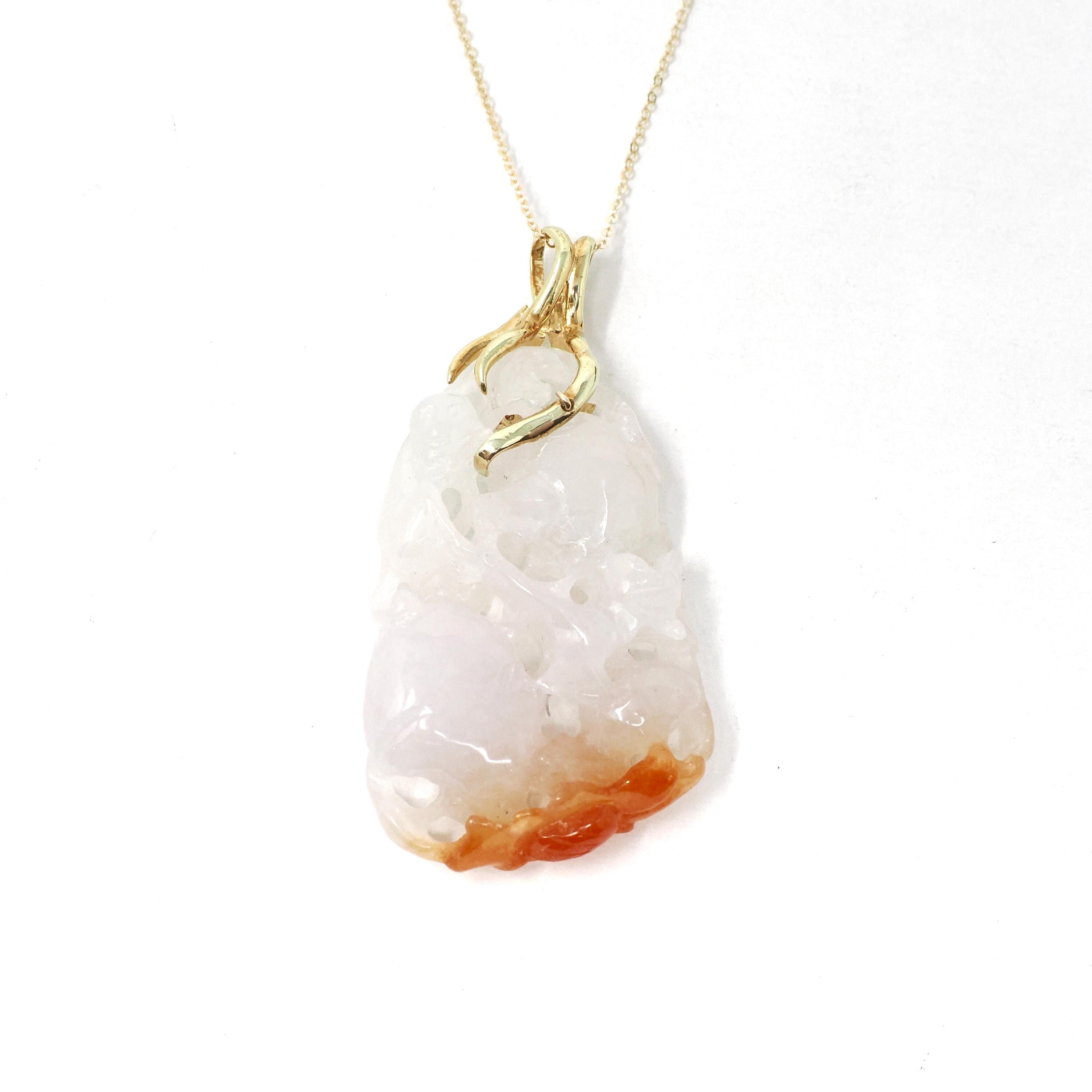 Carved Jadeite Pendant - Estate 14k Yellow Gold Orange & White Gemstone - Circa 2000s Fine Nature Inspired Leafy Branch Statement Jewelry