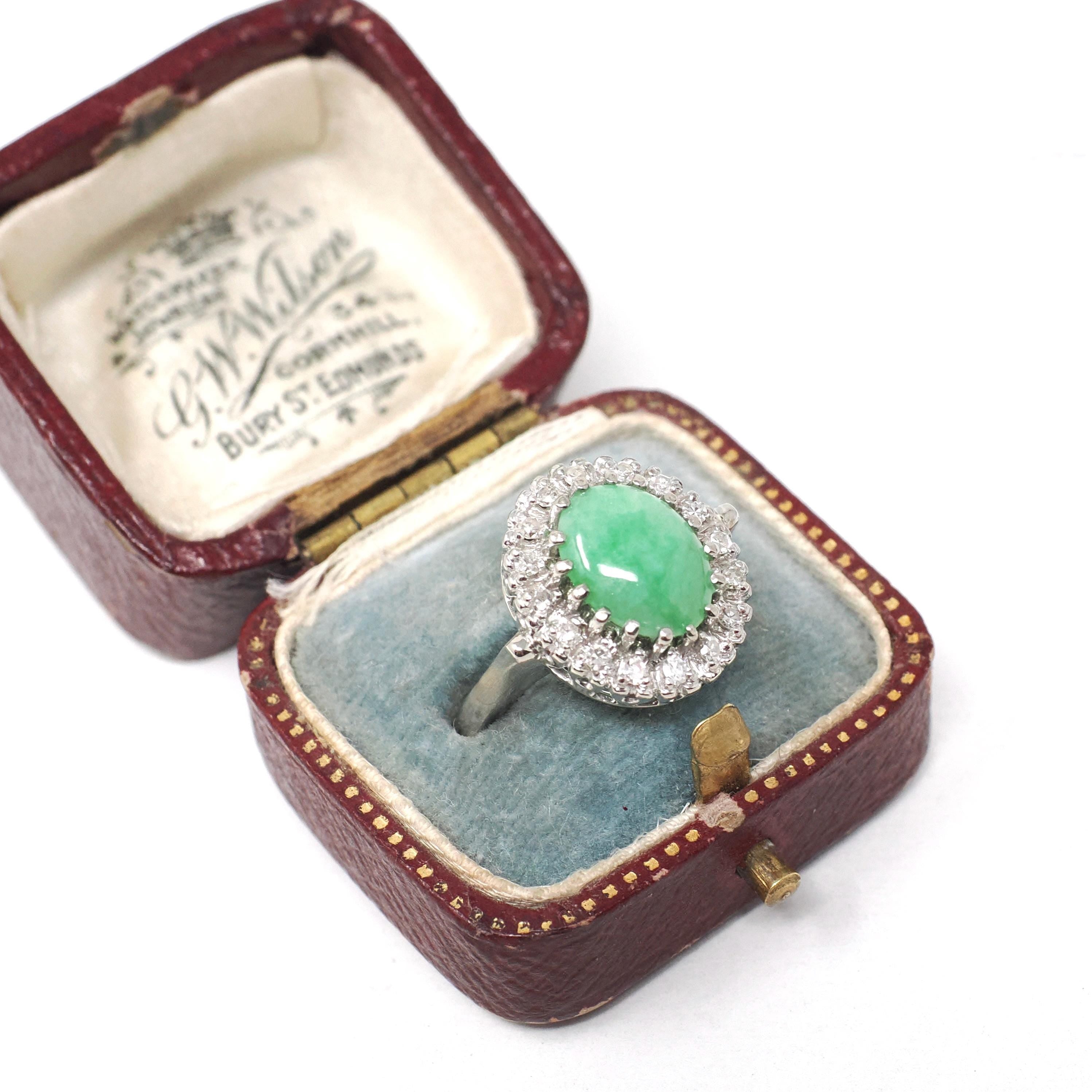 Vintage Jadeite Ring - Mid Century 14k White Gold Natural Green Cabochon Cut Gemstone - Circa 1960s Era Size 6 1/4 Diamond Halo Fine Jewelry