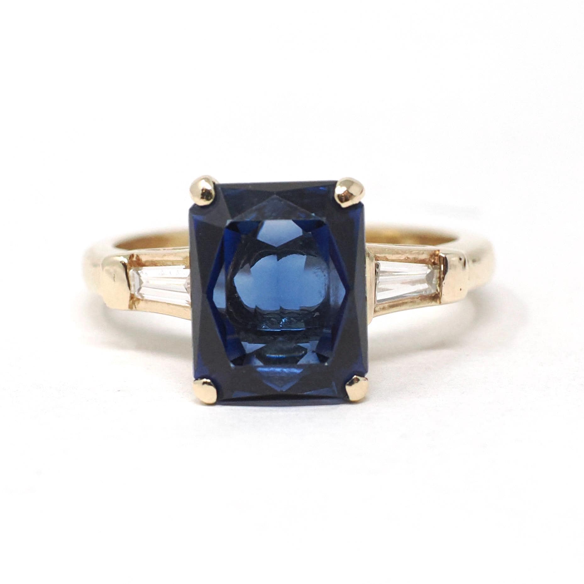 Created Sapphire Ring - Estate 14k Yellow Gold Blue French Cut 3.20 CT Gem - Modern Era Size 7 Diamond .22 CTW Accent Statement Fine Jewelry