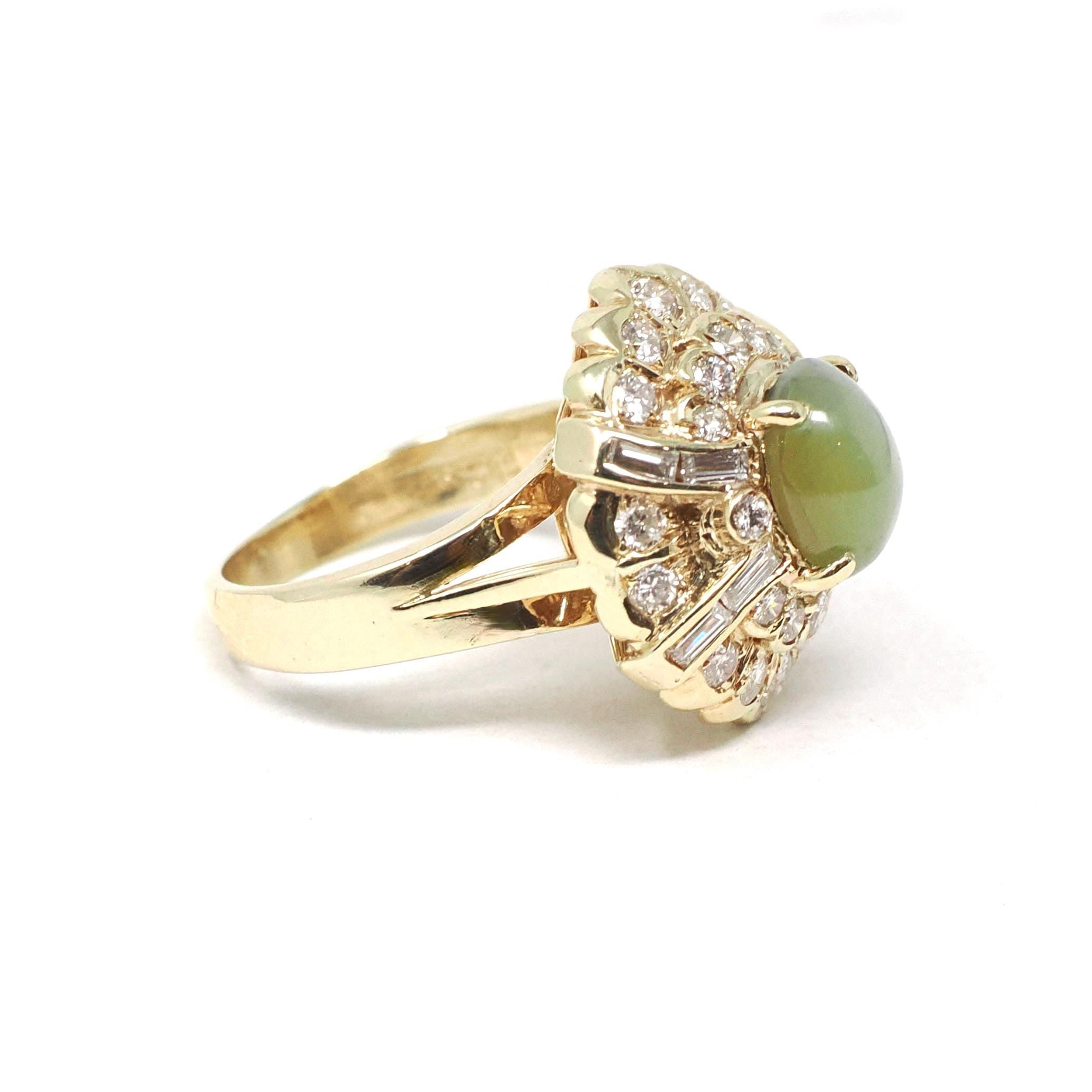 Chrysoberyl Halo Ring - Modern 14k Yellow Gold Green Cat's Eye Gem & Diamond Accents - Estate Circa 1990s Size 4 1/2 Fine Statement Jewelry