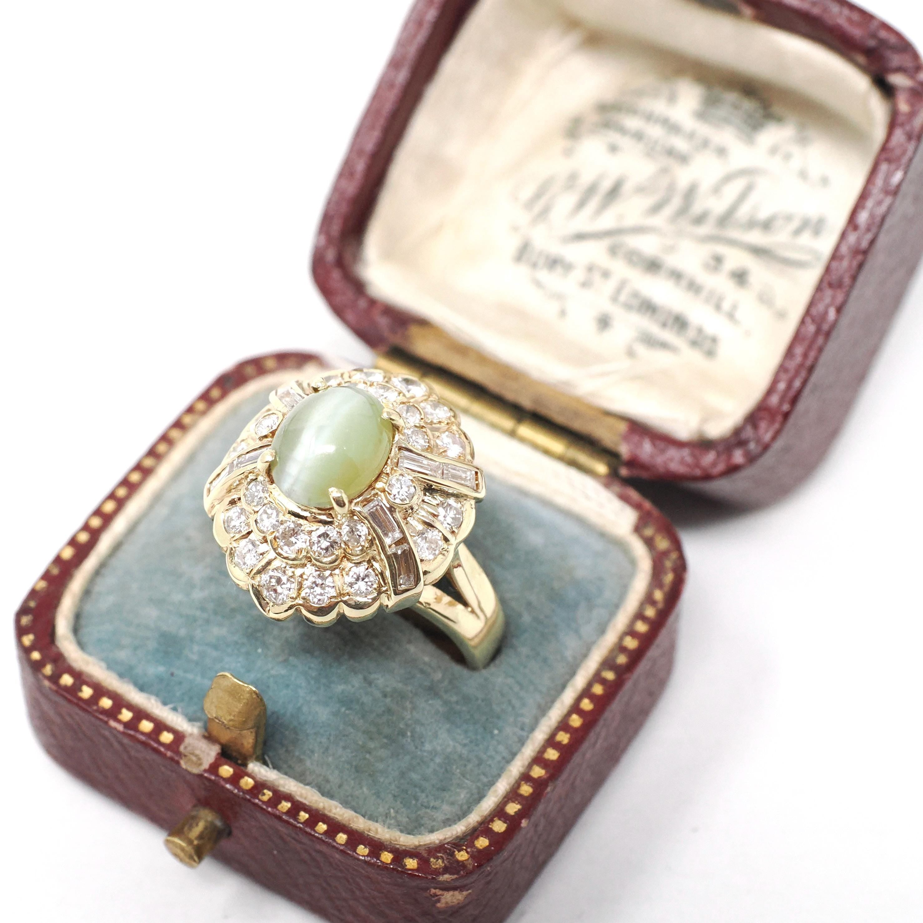 Chrysoberyl Halo Ring - Modern 14k Yellow Gold Green Cat's Eye Gem & Diamond Accents - Estate Circa 1990s Size 4 1/2 Fine Statement Jewelry