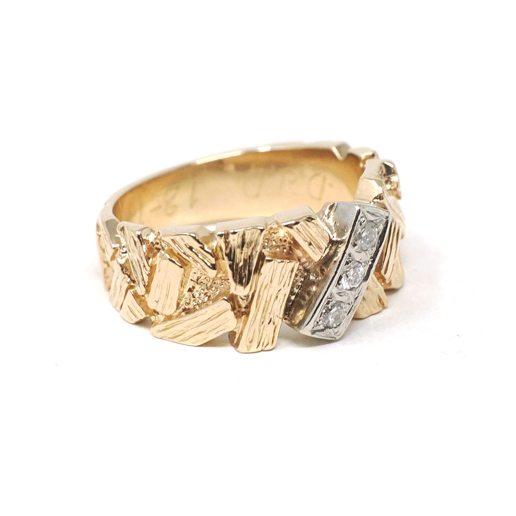 Textured Cigar Band - Retro 14k Yellow Gold & 10k White Gold .04 CTW Diamond Accent Stacking Ring - Dated 1976 Size 4 3/4 Fine Jewelry