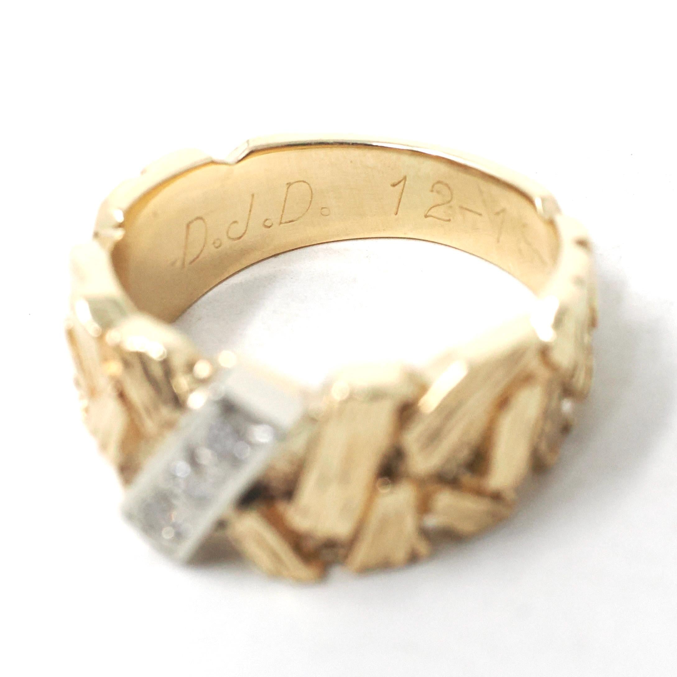 Textured Cigar Band - Retro 14k Yellow Gold & 10k White Gold .04 CTW Diamond Accent Stacking Ring - Dated 1976 Size 4 3/4 Fine Jewelry