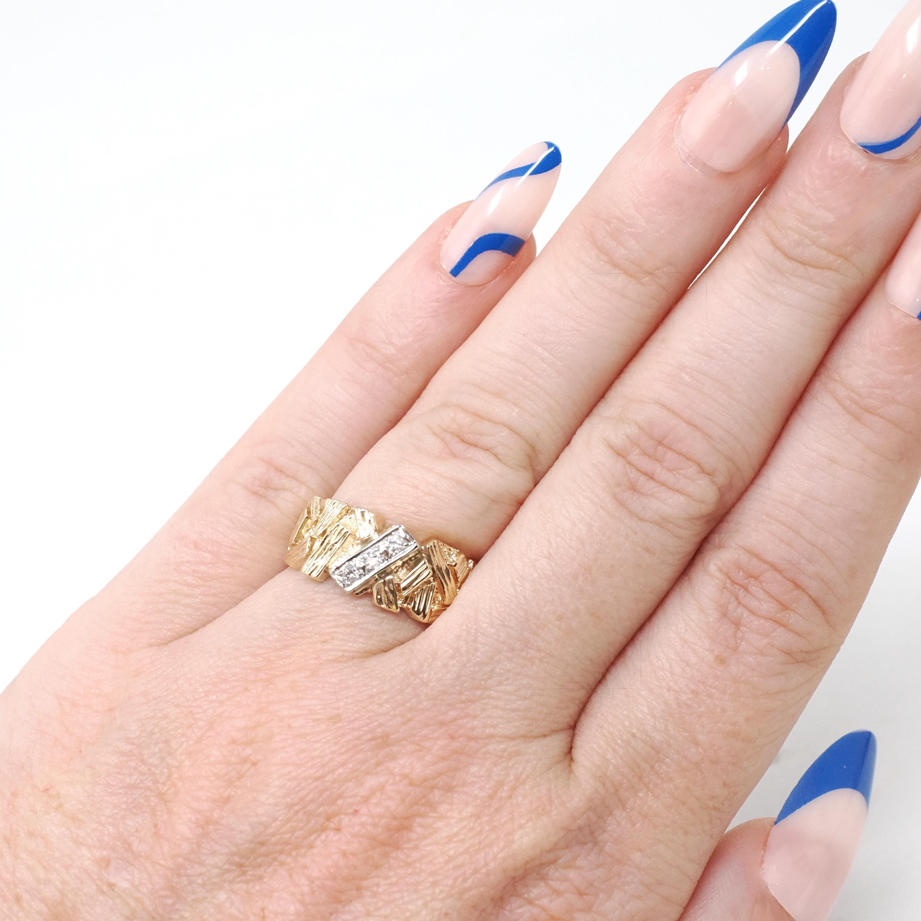 Textured Cigar Band - Retro 14k Yellow Gold & 10k White Gold .04 CTW Diamond Accent Stacking Ring - Dated 1976 Size 4 3/4 Fine Jewelry