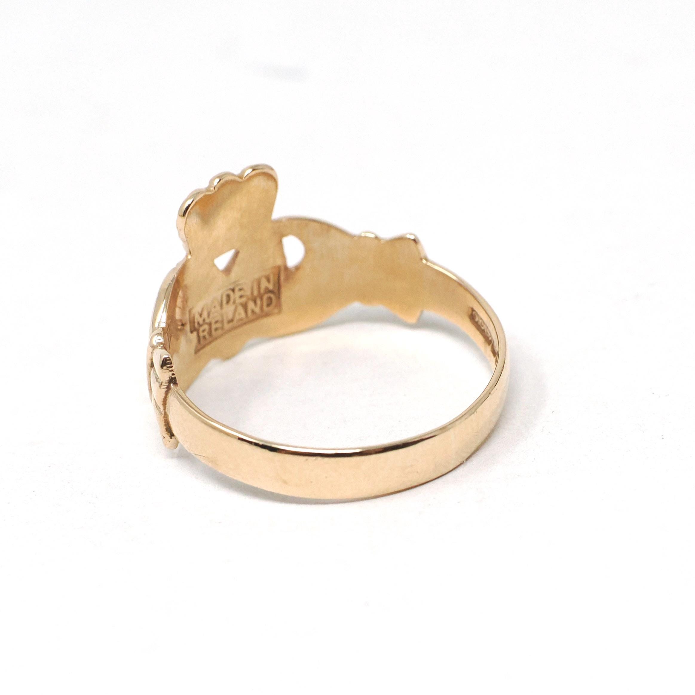 Modern Claddagh Ring - Estate 9k Yellow Gold Heart Clasped Hand Crown - Hallmarked 1989 Size 7 Friendship Love Loyalty Fine Irish Jewelry
