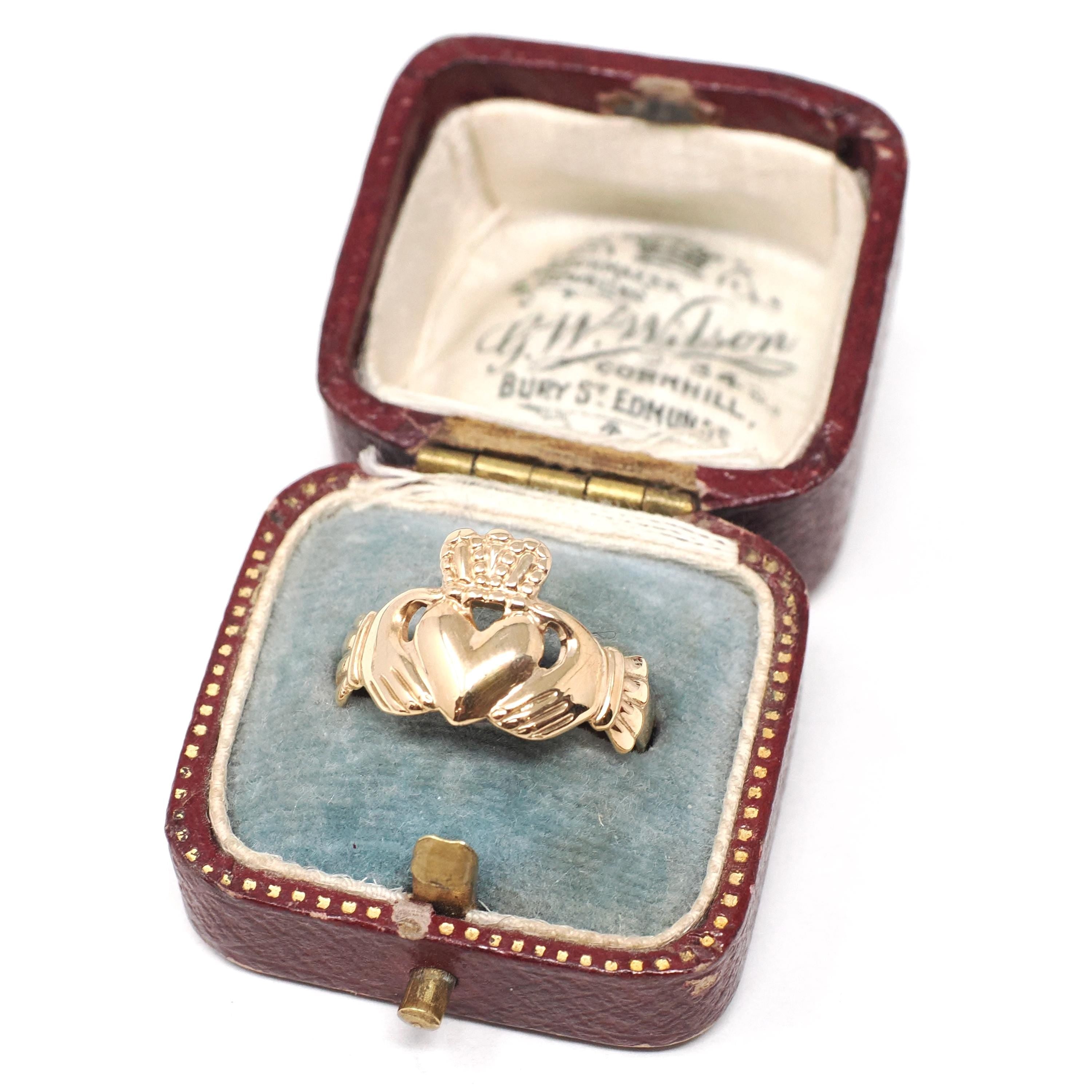 Modern Claddagh Ring - Estate 9k Yellow Gold Heart Clasped Hand Crown - Hallmarked 1989 Size 7 Friendship Love Loyalty Fine Irish Jewelry