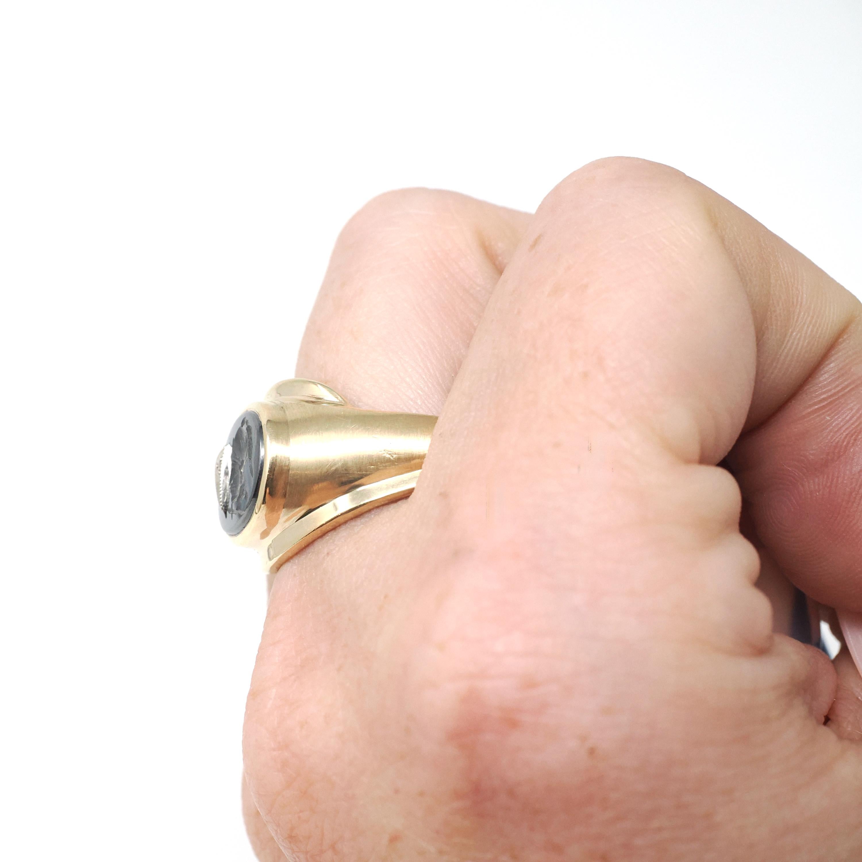 Vintage Hematite Ring - Mid Century 10k Yellow Gold Carved Intaglio Gray Warrior Gem - Circa 1940s Era Size 10 Diamond Accent Fine Jewelry