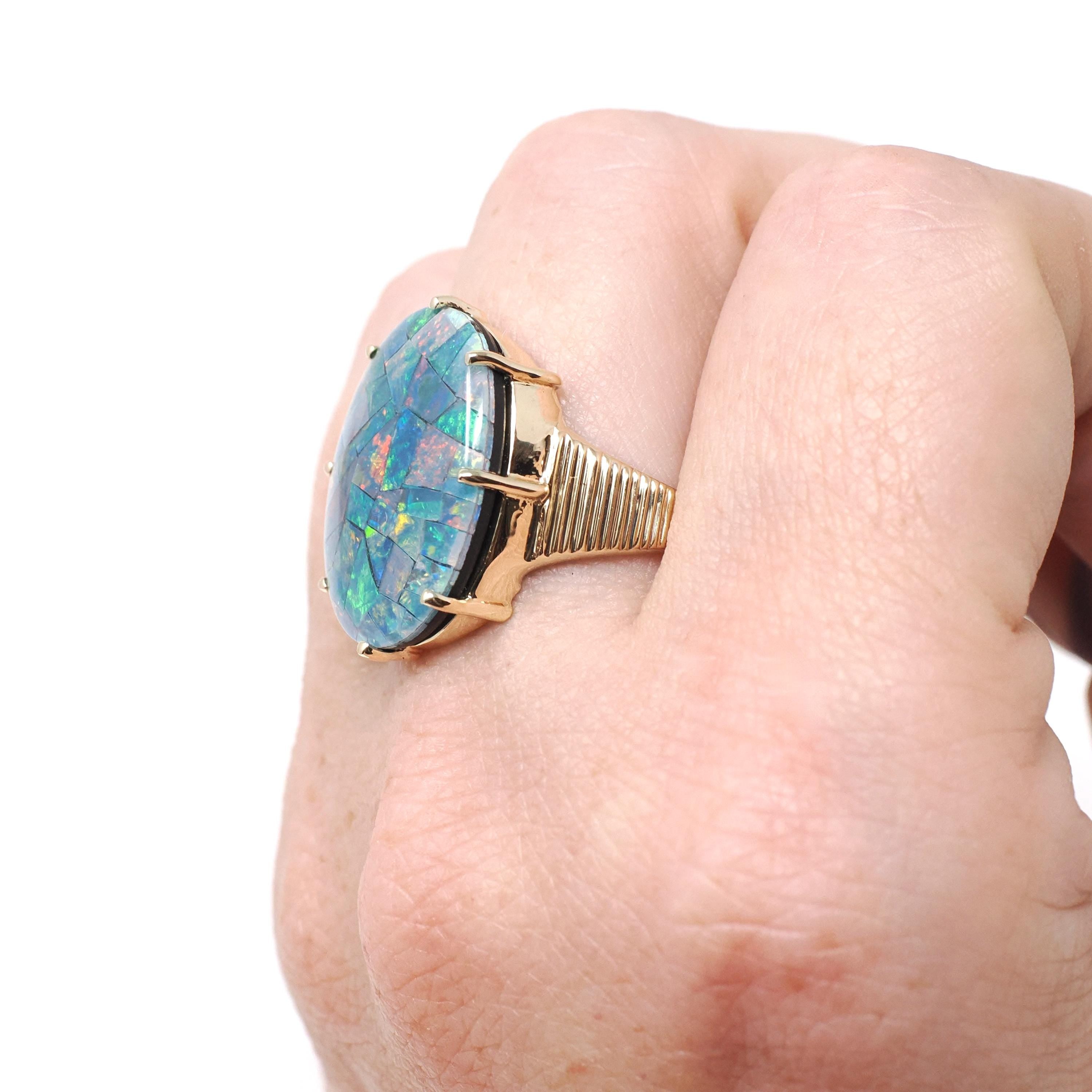 Vintage Opal Triplet Ring - Estate 10k Yellow Gold Oval Prong Set Blue Green Gem Statement - Modern Size 7 3/4 Rainbow Colorful Fine Jewelry