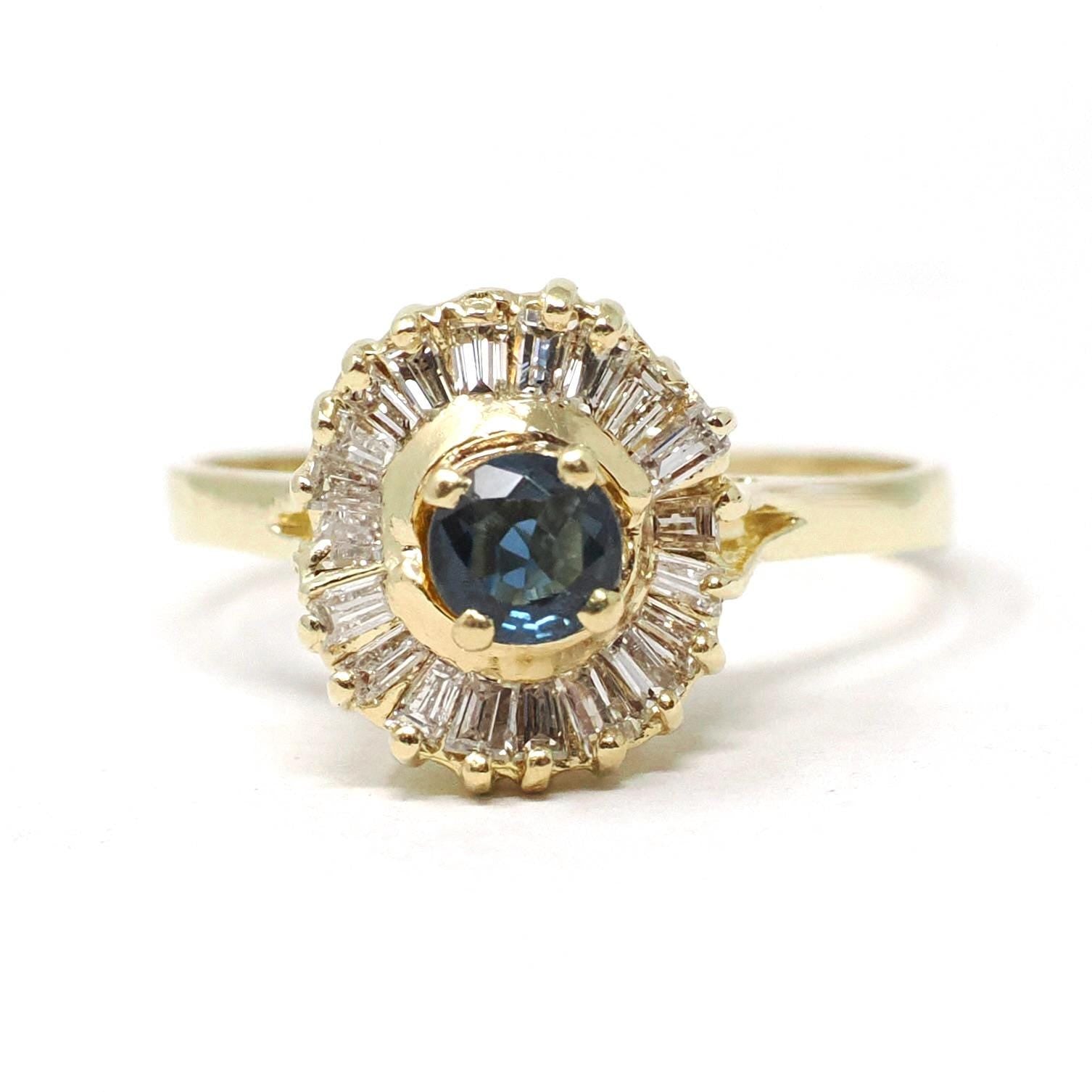 Vintage Ballerina Halo Ring - Estate 18k Yellow Gold Natural Baguette Diamond Blue Sapphire Cluster - Modern 1980s Engagement Fine Jewelry