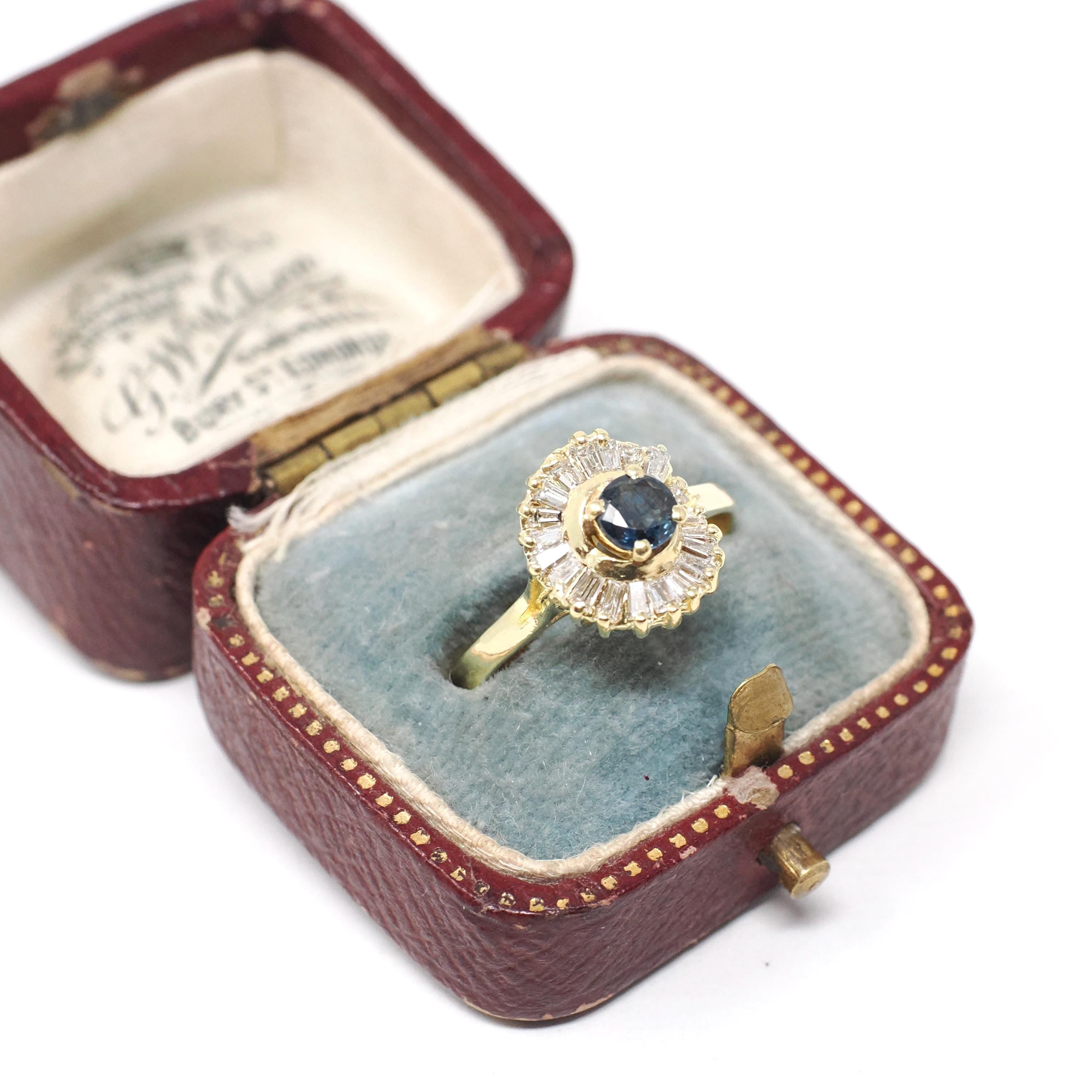 Vintage Ballerina Halo Ring - Estate 18k Yellow Gold Natural Baguette Diamond Blue Sapphire Cluster - Modern 1980s Engagement Fine Jewelry