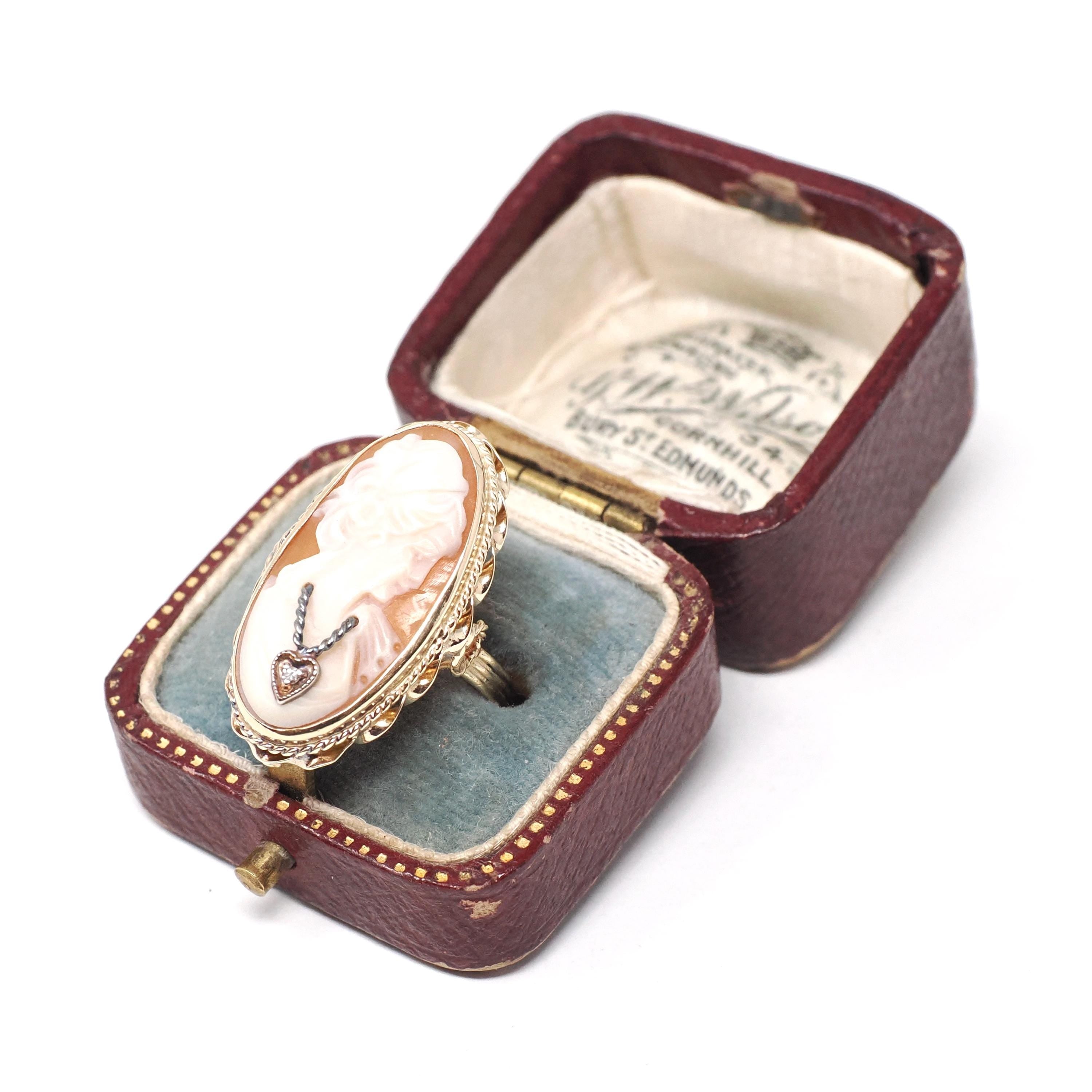Vintage Cameo Habillé Ring - Mid Century 14k Yellow Gold Natural Diamond - Circa 1960s Era Size 6 Carved Shell Woman's Portrait Fine Jewelry