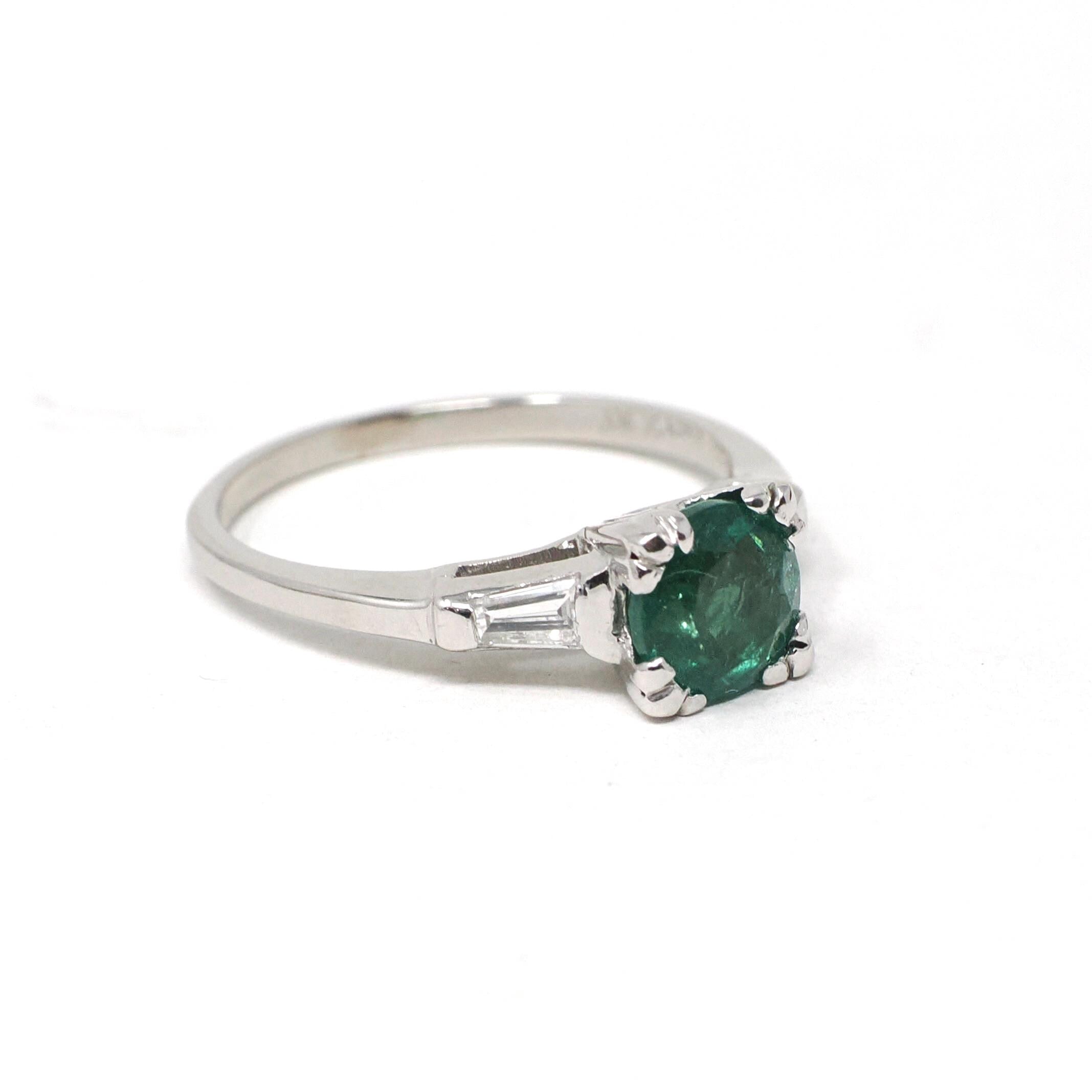 Vintage Emerald & Diamond Ring - Mid Century Platinum Natural Green Gemstone Engagement - Circa 1960s Era Size 7 1/4 Solitaire Fine Jewelry
