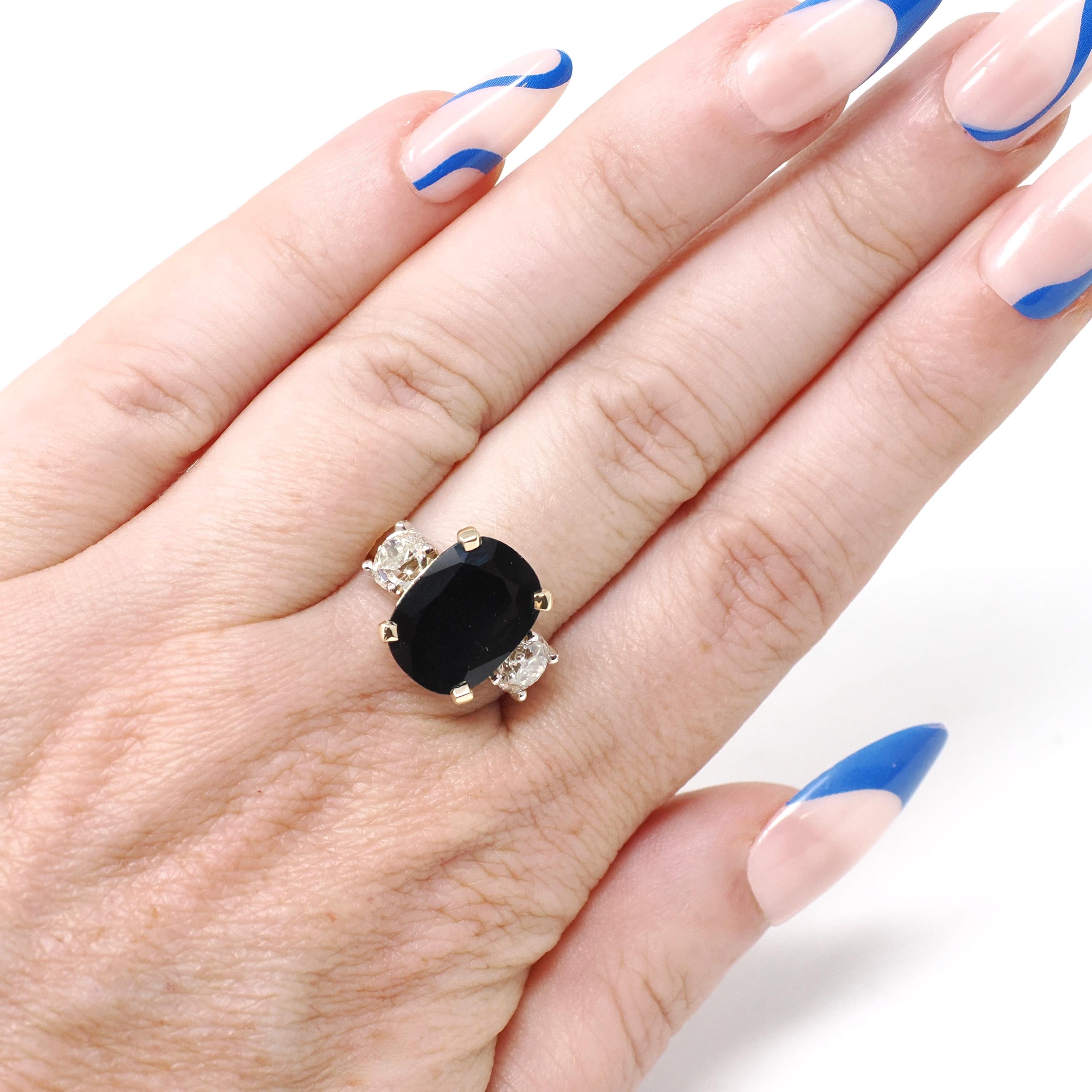Sapphire & Diamond Ring - Estate 18k Yellow 14k White Gold Natural Blue Gem 1.18 CTW Old Mine Cut - Modern Circa 2000s Size 7 Fine Jewelry