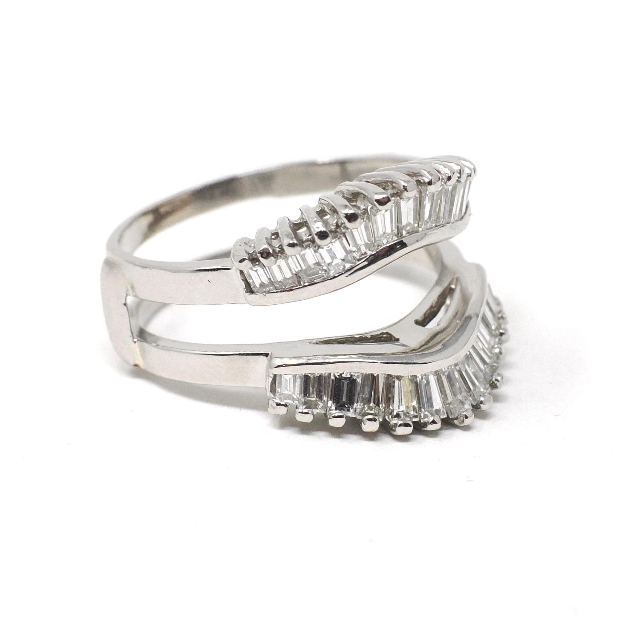 Vintage Diamond Ring Jacket - Estate Platinum Natural Baguette Cut Gemstones Halo Cluster - Modern Circa 1990s Size 7 Wedding Fine Jewelry