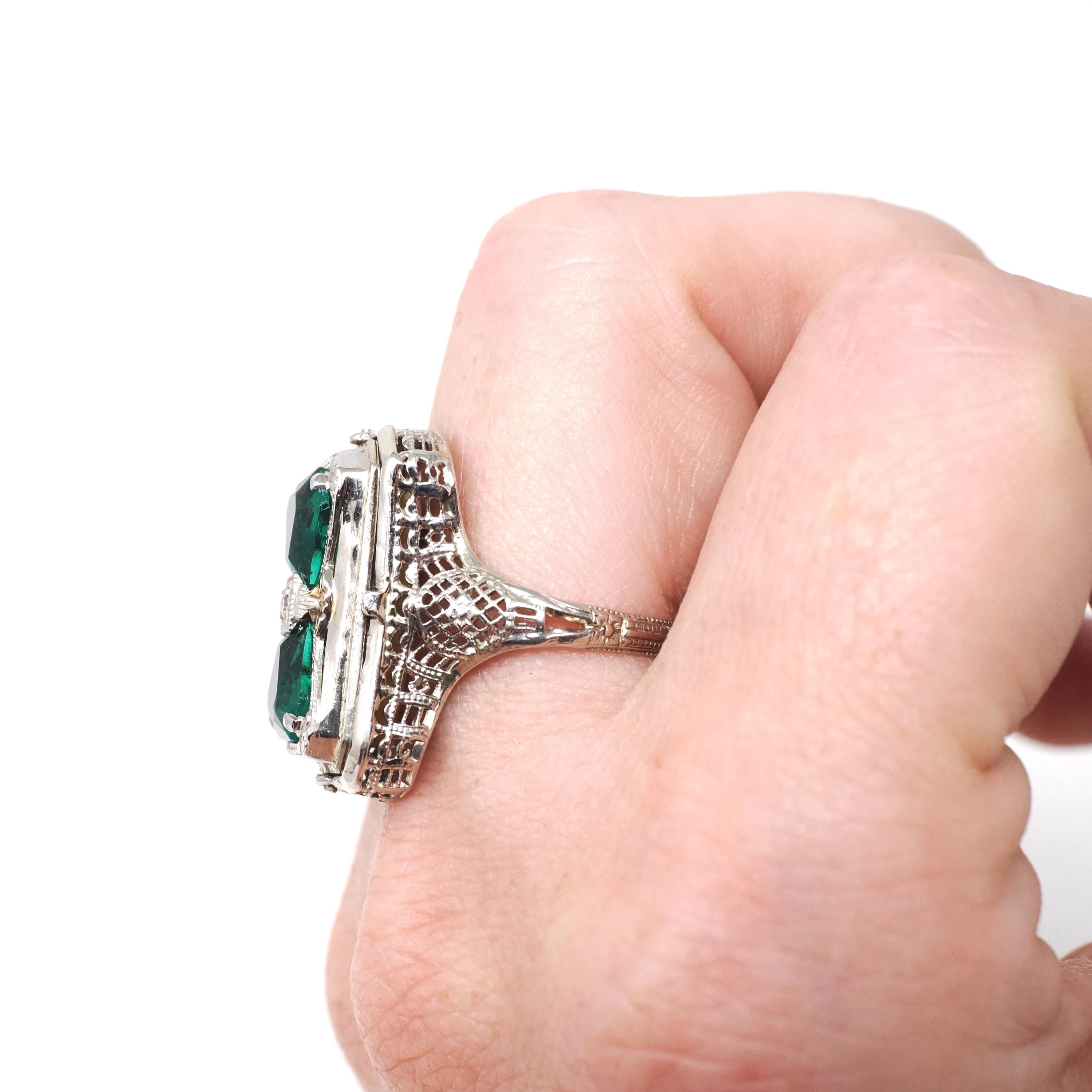 Vintage Flip Ring - Art Deco 14k White Gold Double Sided Cameo Diamond Green Glass Statement - Circa 1930 Size 6 1/4 Reversible Fine Jewelry