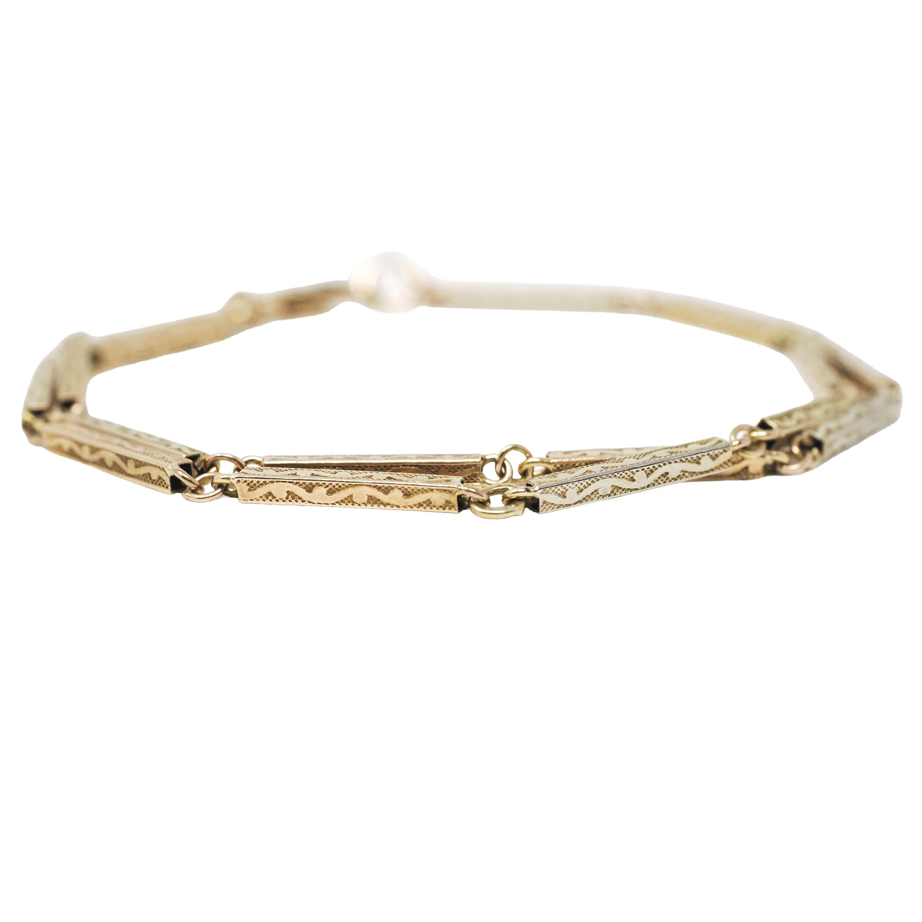 Antique Edwardian Bracelet - Vintage 14k Yellow Gold Rectangular Links Pocket Watch Conversion - Circa 1910s Floral 6 1/4 Inch Fine Jewelry