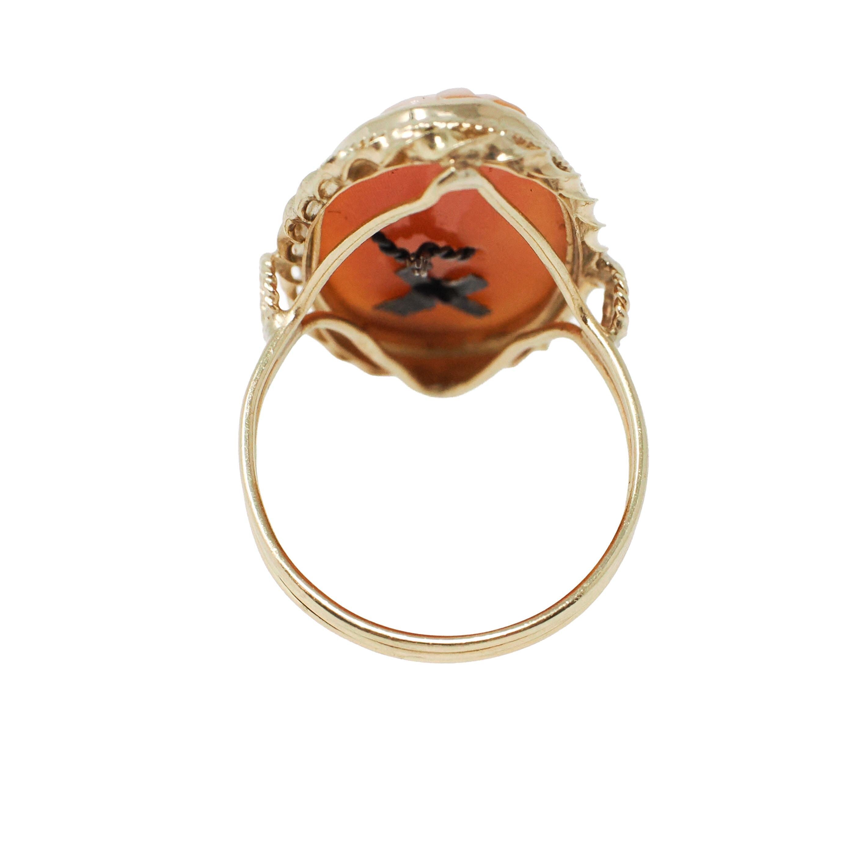 Vintage Cameo Habillé Ring - Mid Century 14k Yellow Gold Natural Diamond - Circa 1960s Era Size 6 Carved Shell Woman's Portrait Fine Jewelry