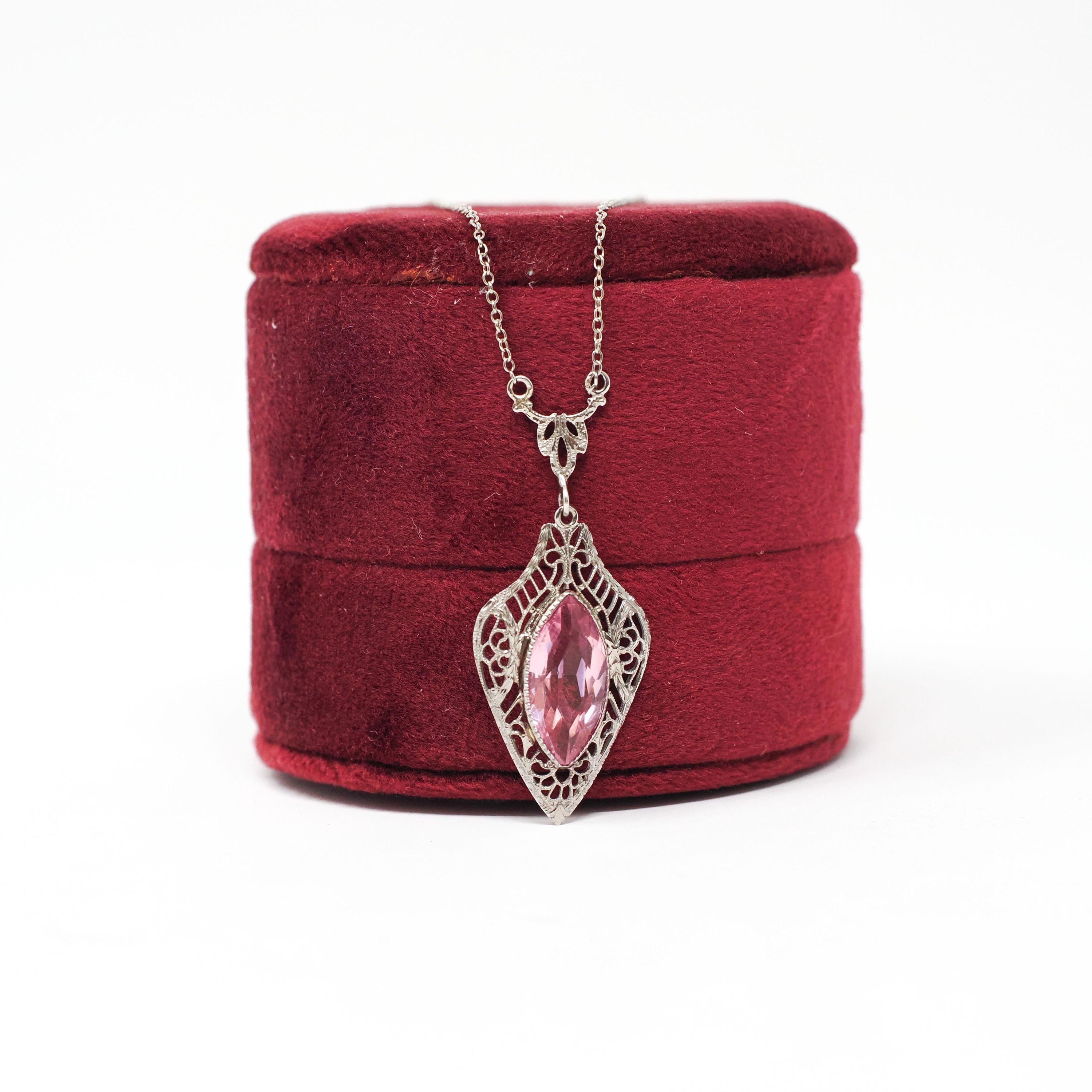 Art Deco Lavalier - Vintage 10k White Gold Simulated Pink Sapphire Necklace Pendant Charm - Circa 1930s Era Glass Marquise Fine 30s Jewelry