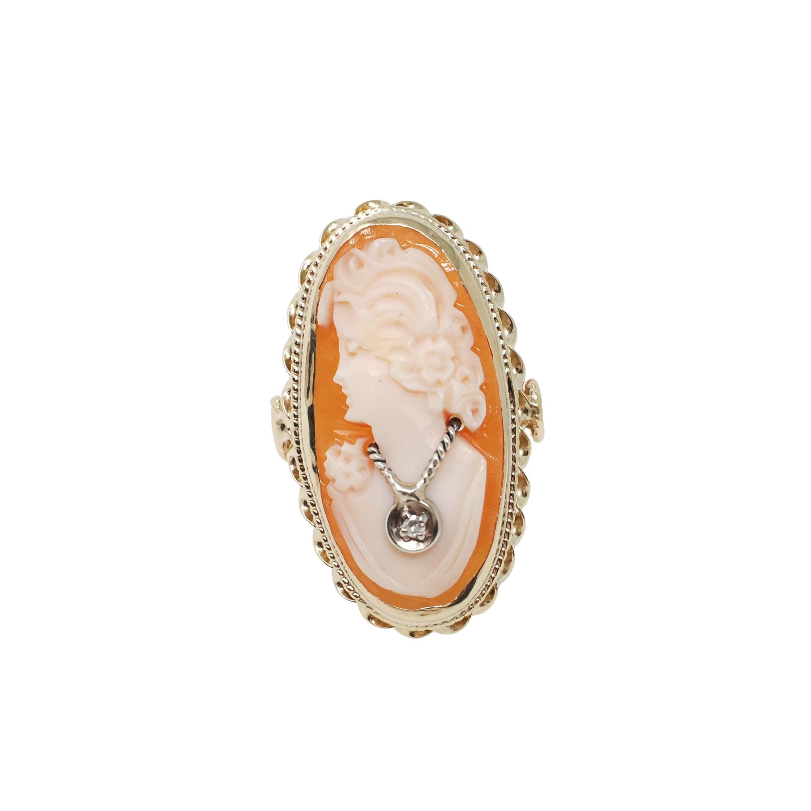 Vintage Cameo Habillé Ring - Mid Century 14k Yellow Gold Natural Diamond - Circa 1960s Era Size 6 Carved Shell Woman's Portrait Fine Jewelry