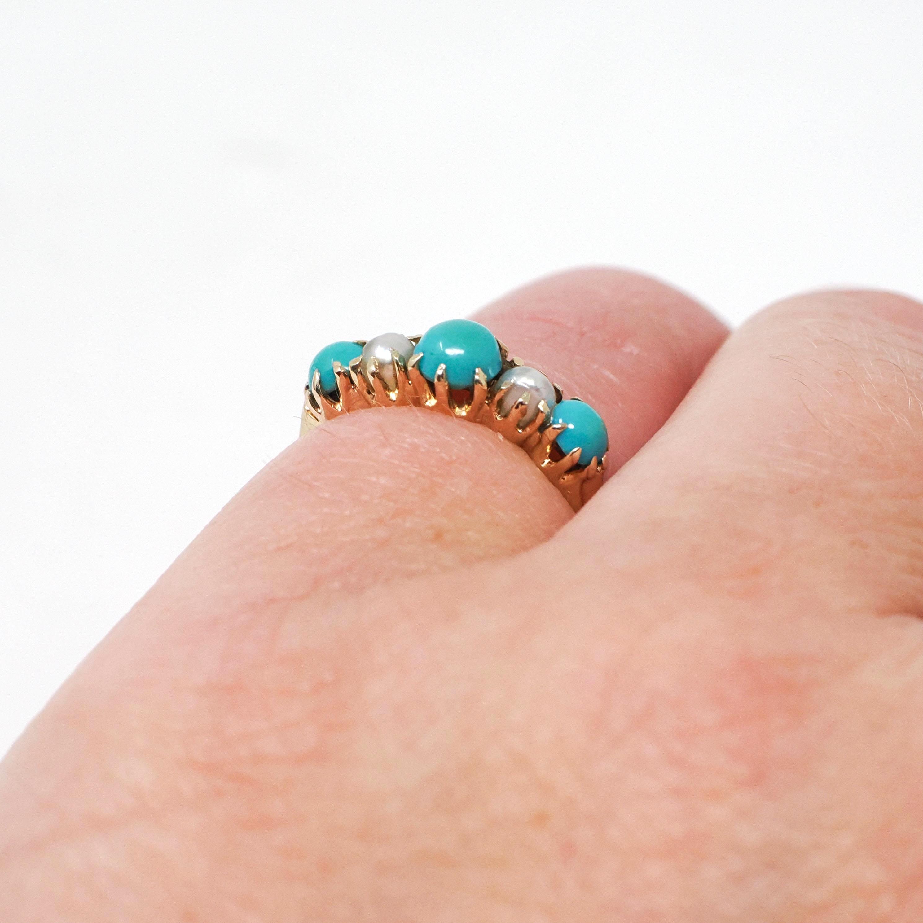 Turquoise & Pearl Ring - Edwardian 14k Yellow Gold Natural Blue Cultured White Gems - Antique Circa 1900s Era Dainty Size 3 3/4 Fine Jewelry